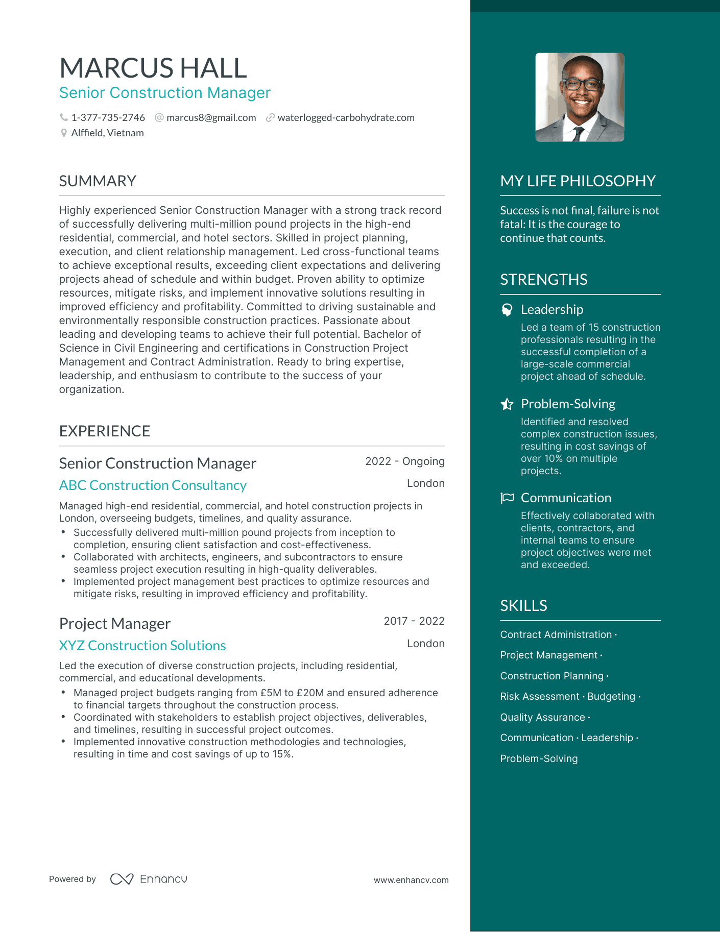 Senior Construction Manager resume example