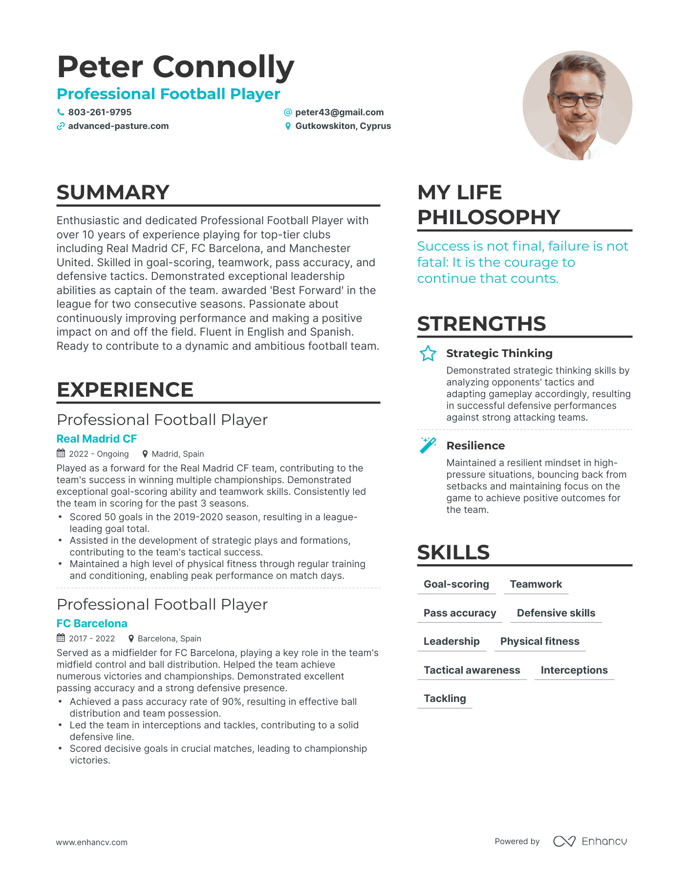 Professional Football Player resume example