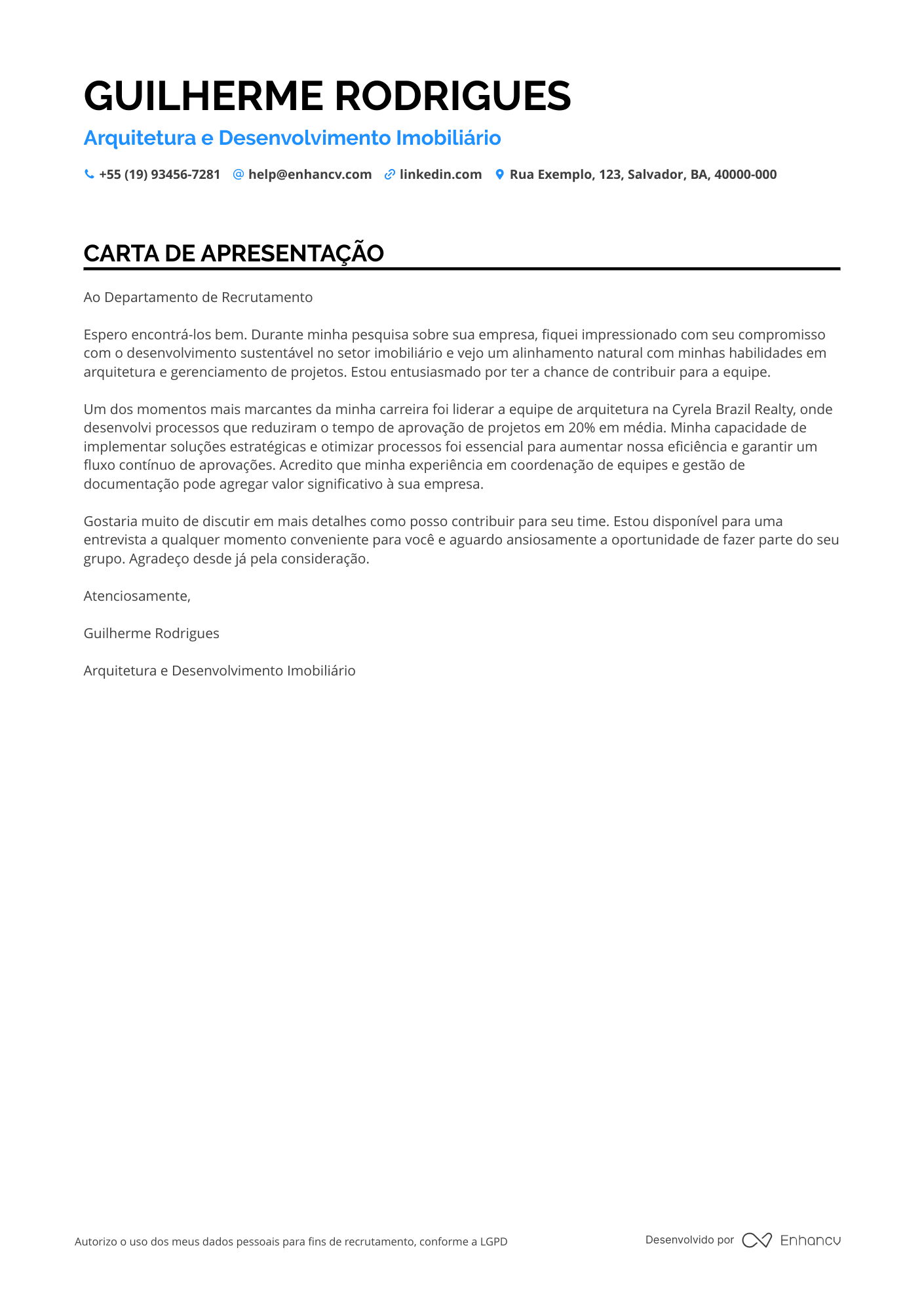 Arquiteto Carta de apresentação