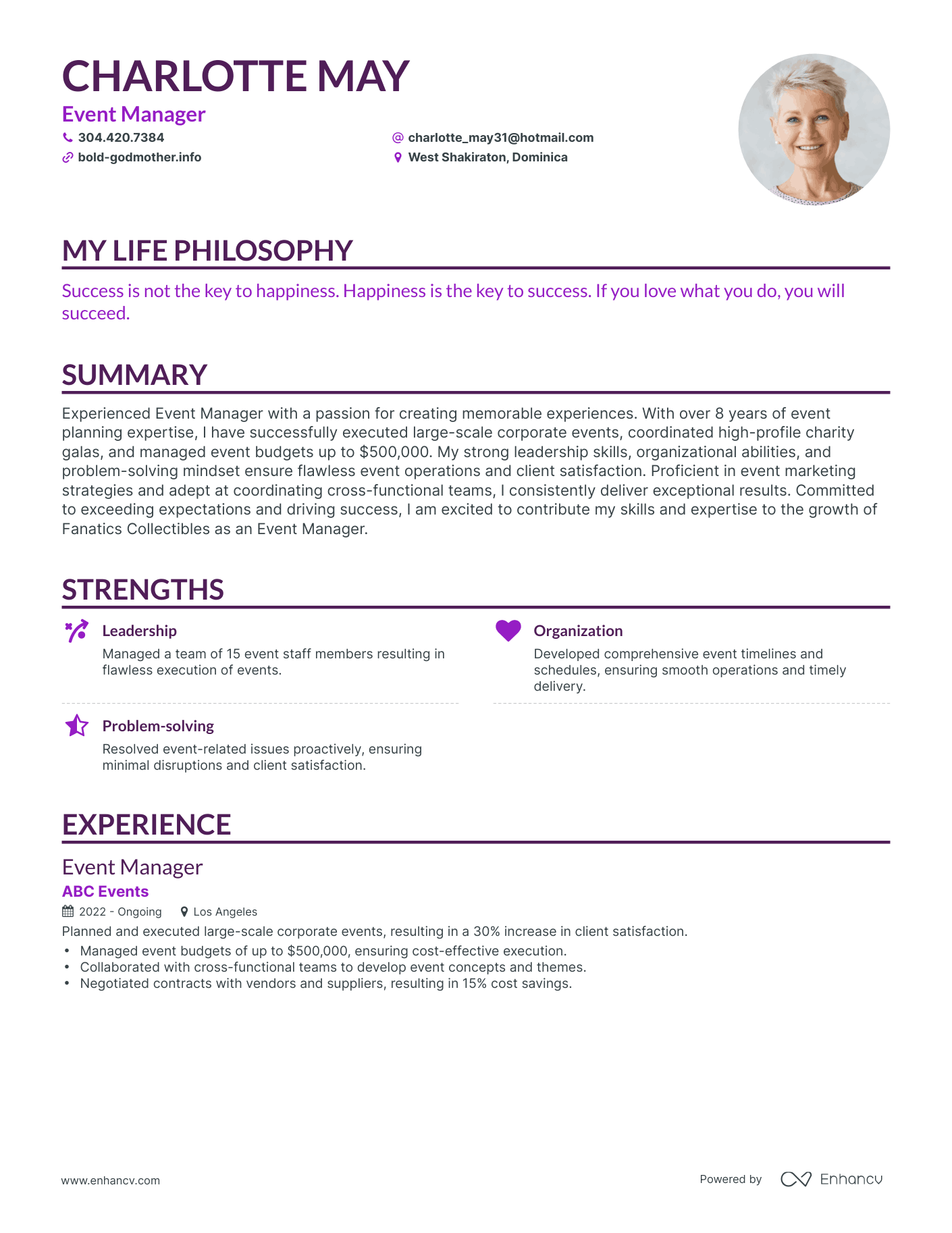 Creative Event Manager Resume Example