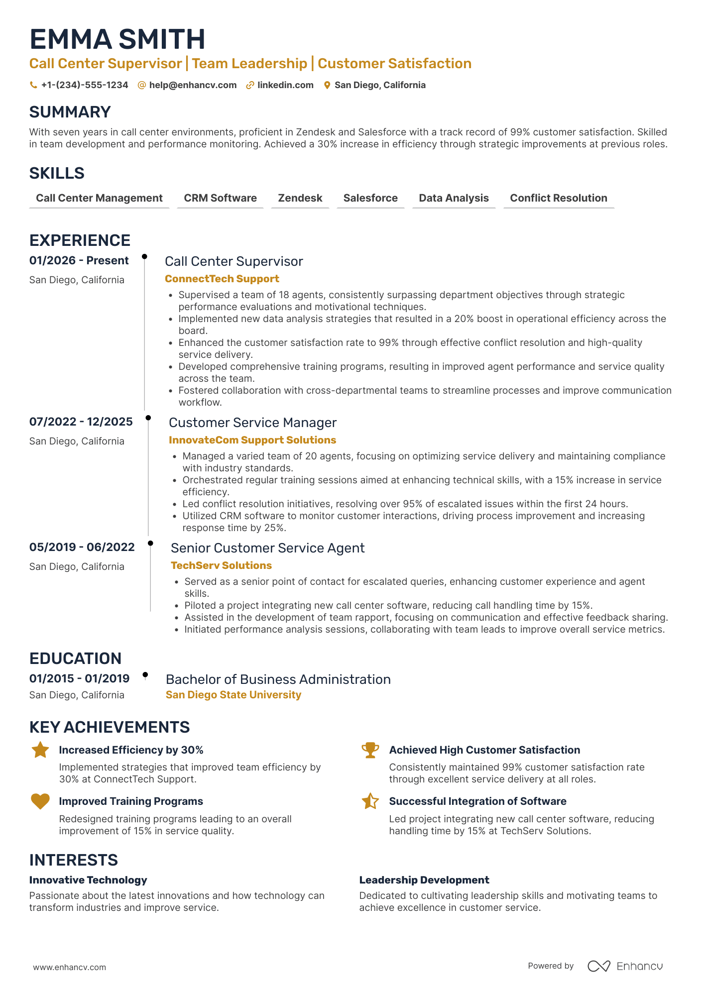 Call Center Supervisor resume example