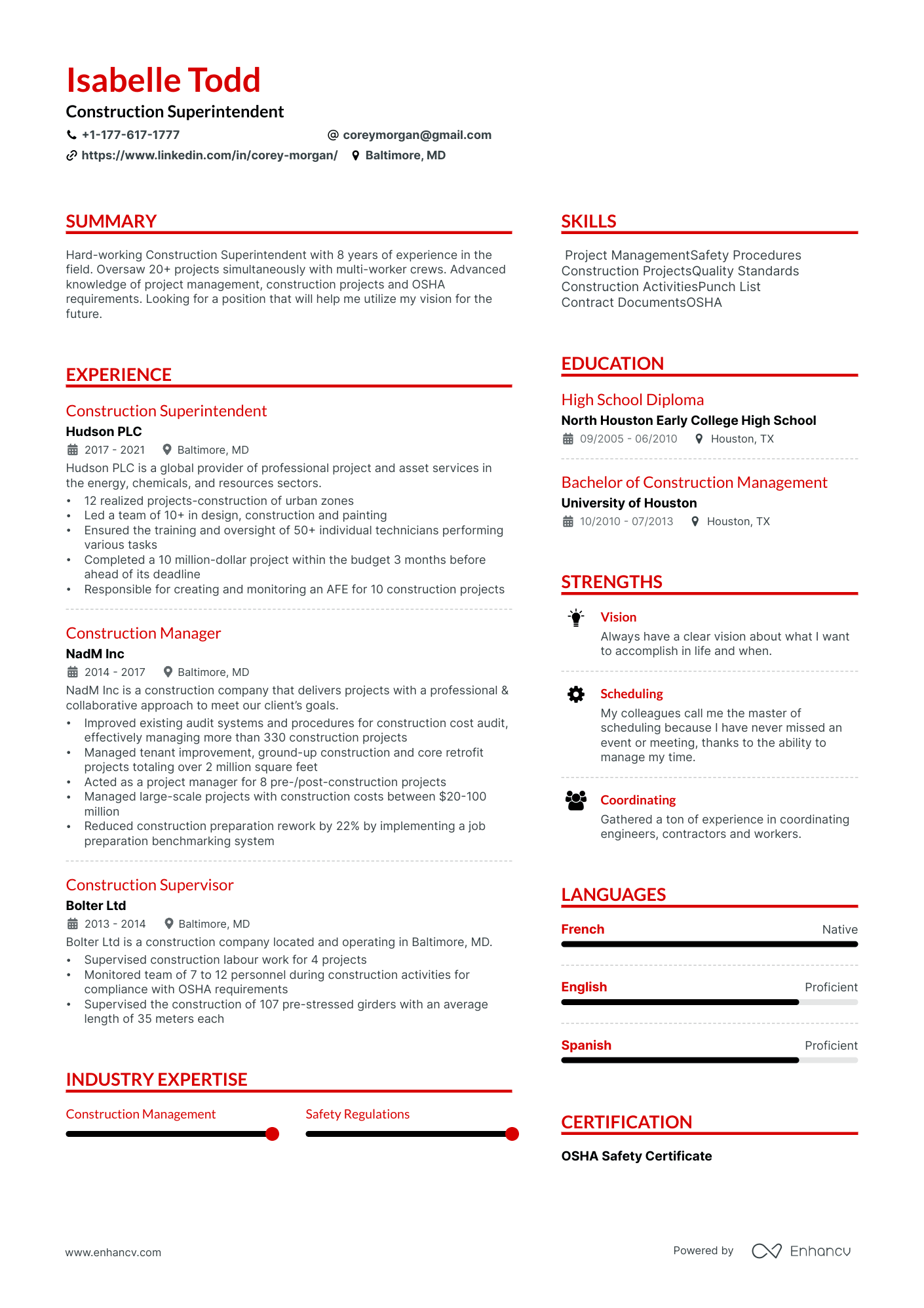 Construction Superintendent resume example