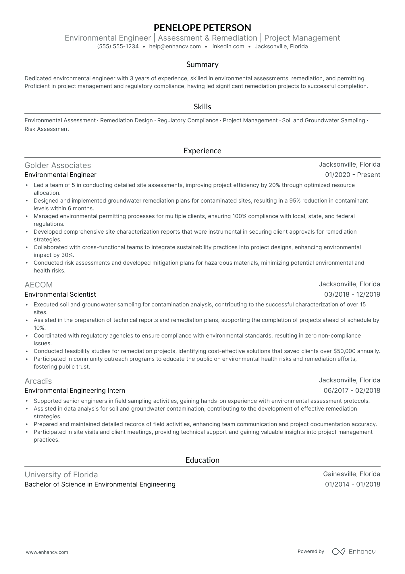 Environmental Project Engineer resume example