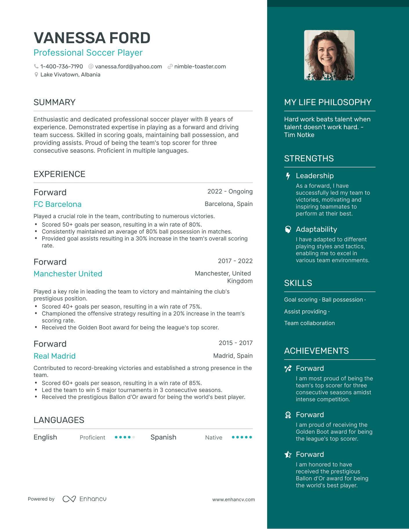 Modern Professional Soccer Player Resume Example