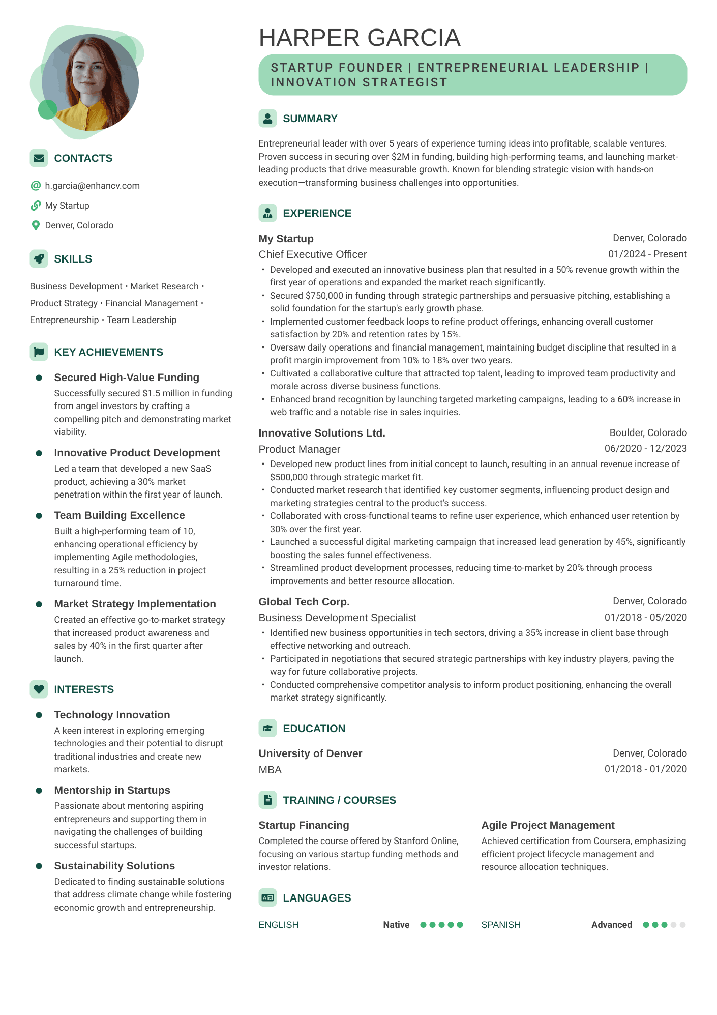 A contemporary entry level marketer resume template with green accent colors and a photo.