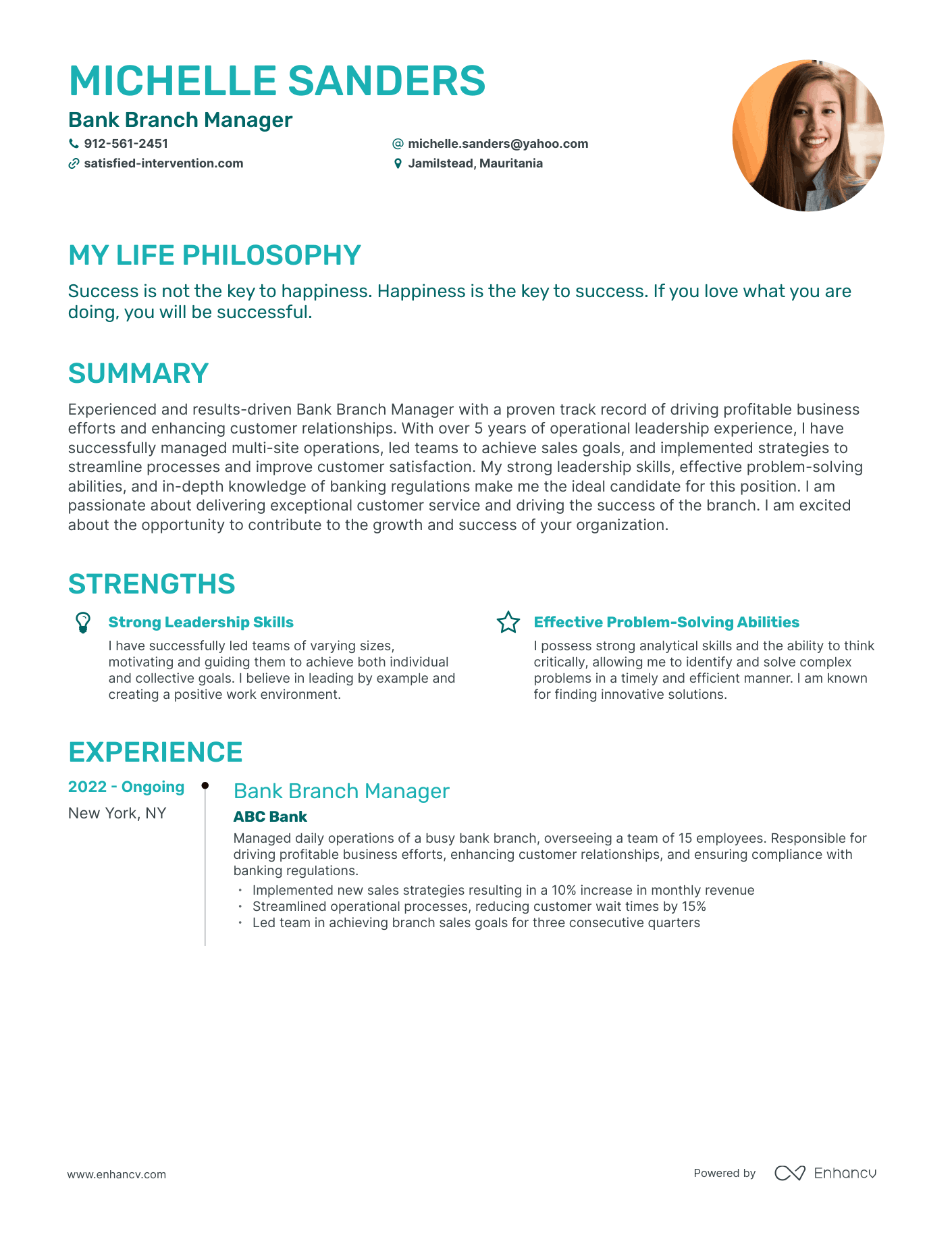 Creative Bank Branch Manager Resume Example