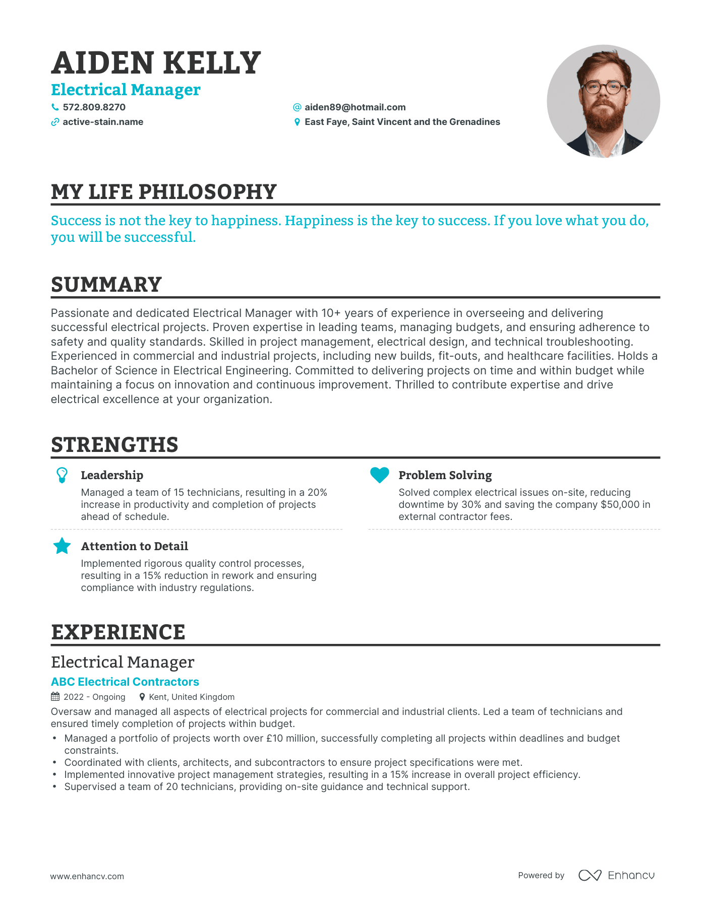 Creative Electrical Manager Resume Example