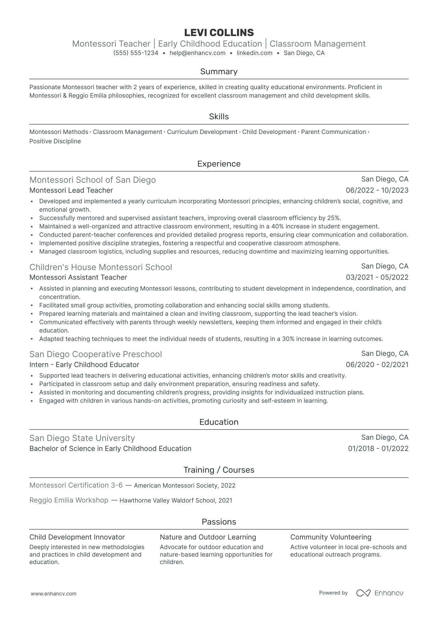 Montessori Preschool Teacher resume example