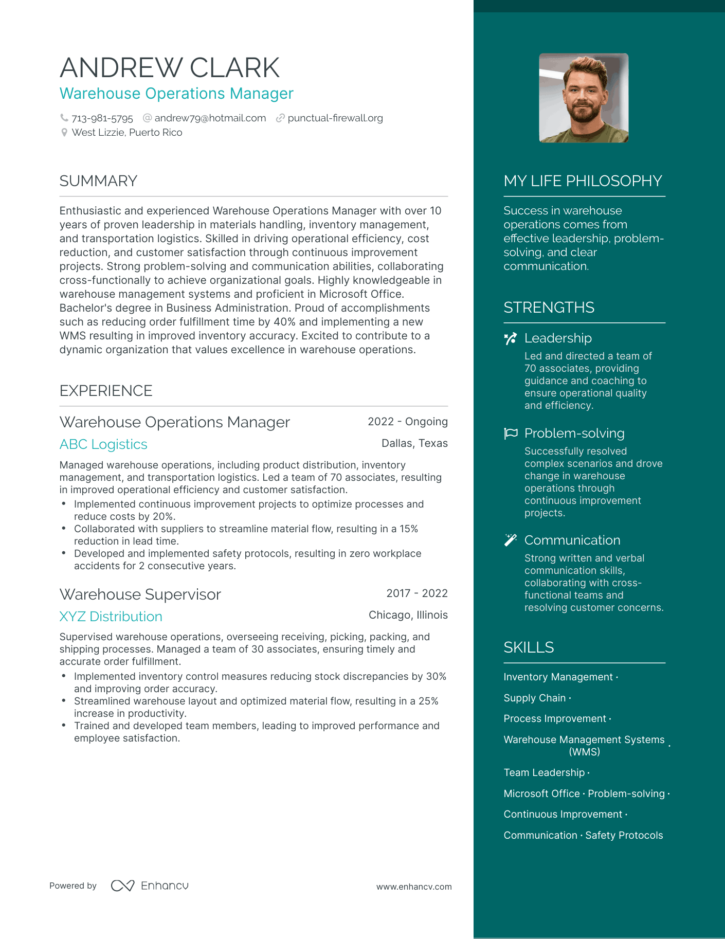 Modern Warehouse Operations Manager Resume Example