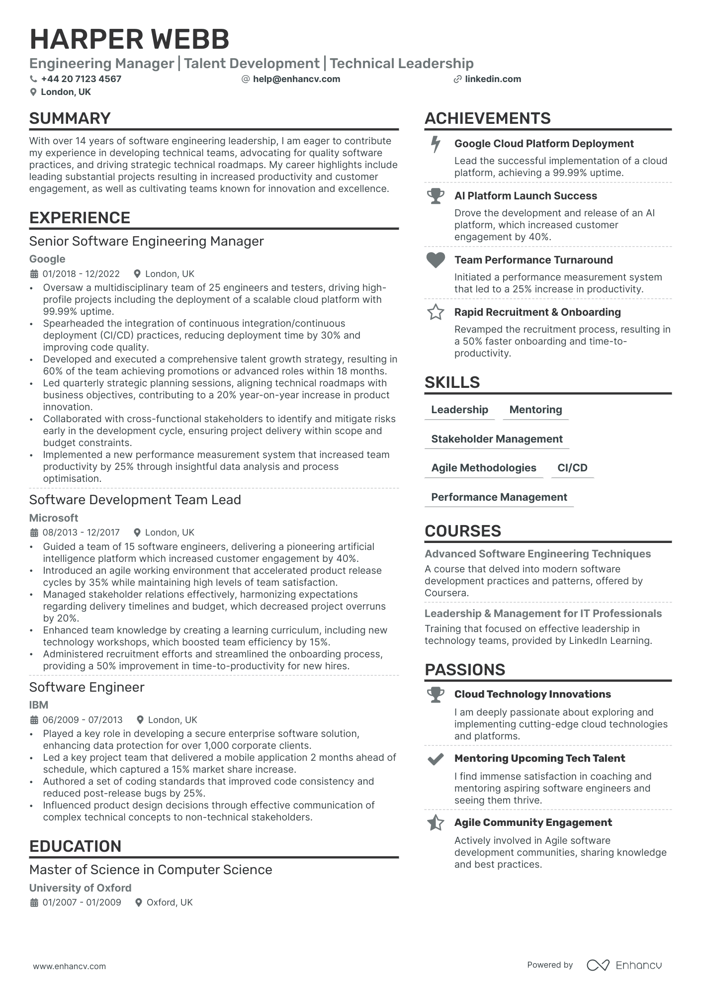 Engineering Manager cv example