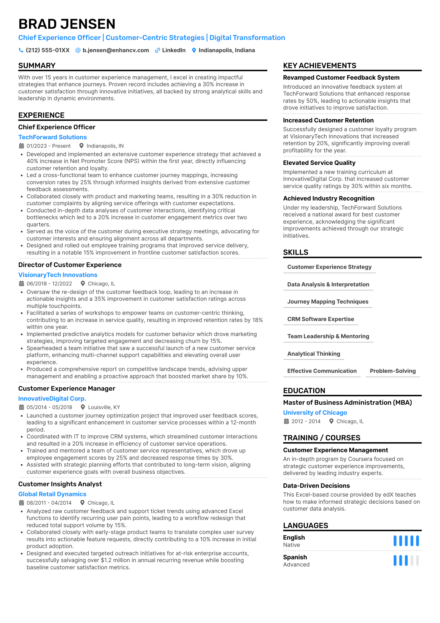 Double-column resume template A two column resume with a blue accent color and focus on experience and achievements.