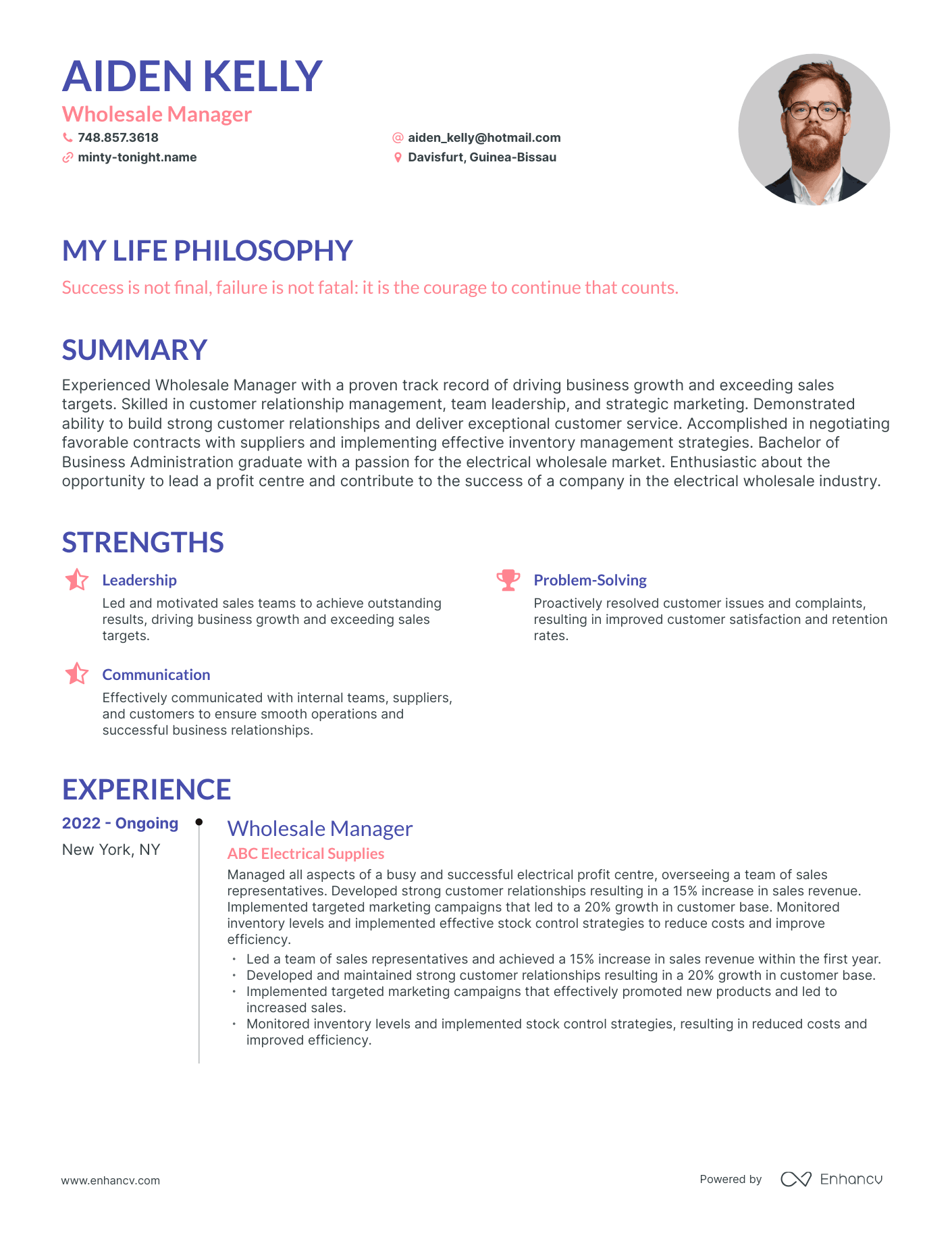 Creative Wholesale Manager Resume Example