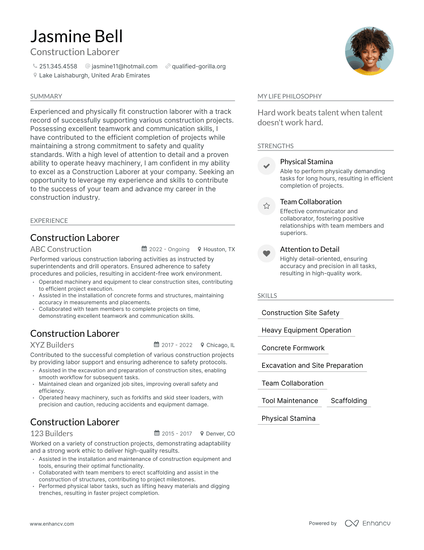 Construction Laborer resume example