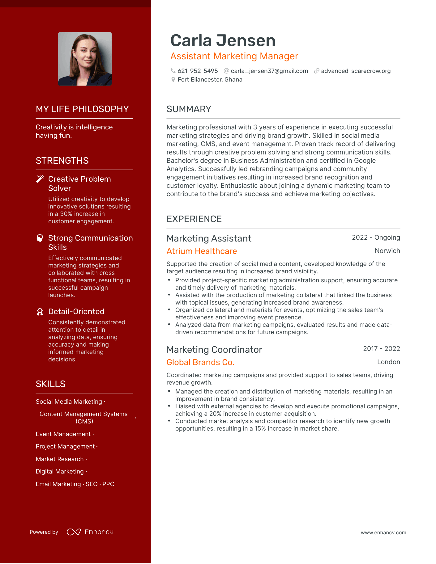 Creative Assistant Marketing Manager Resume Example