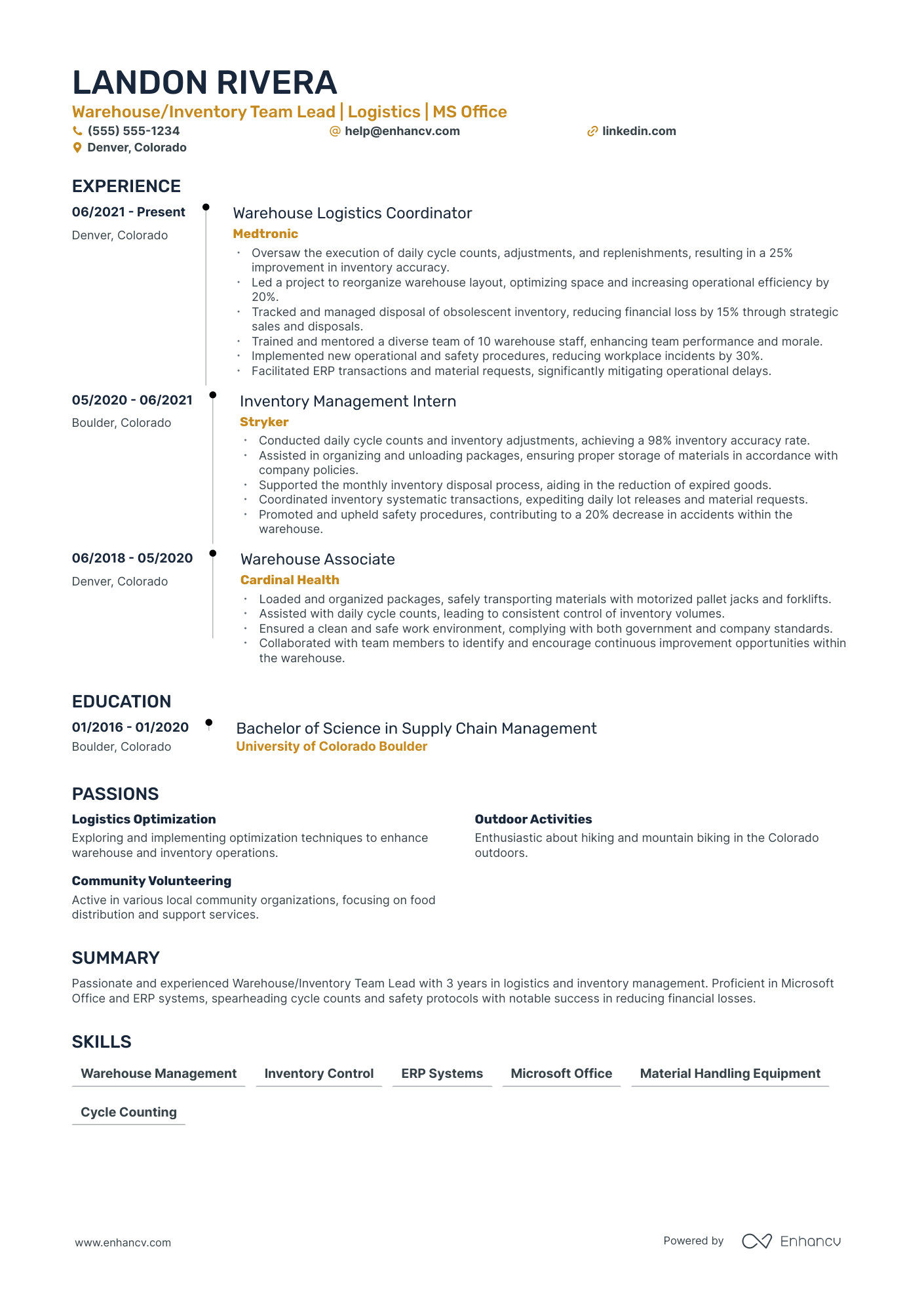 Warehouse Inventory Manager resume example