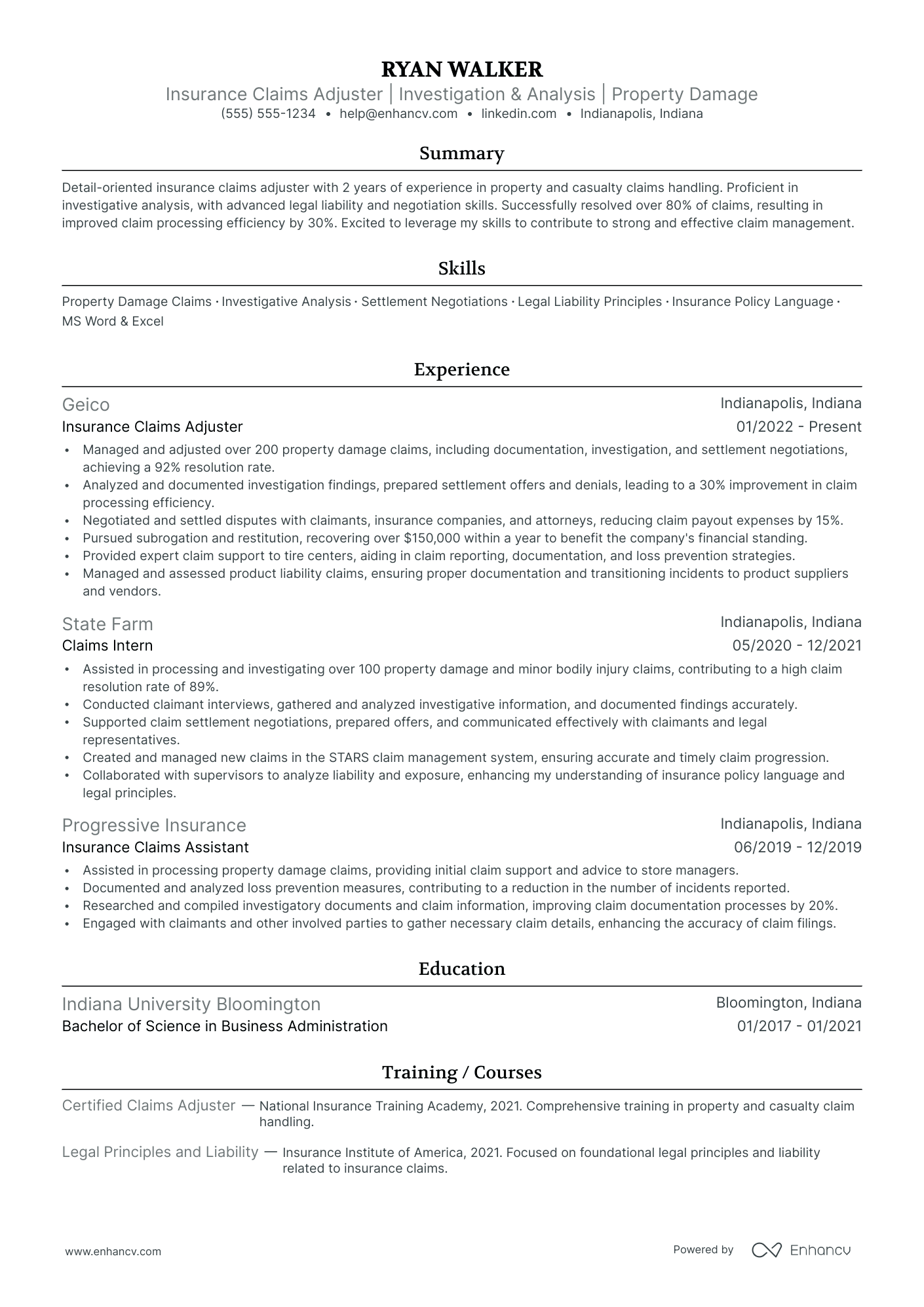 Life Insurance Claim Adjuster resume example