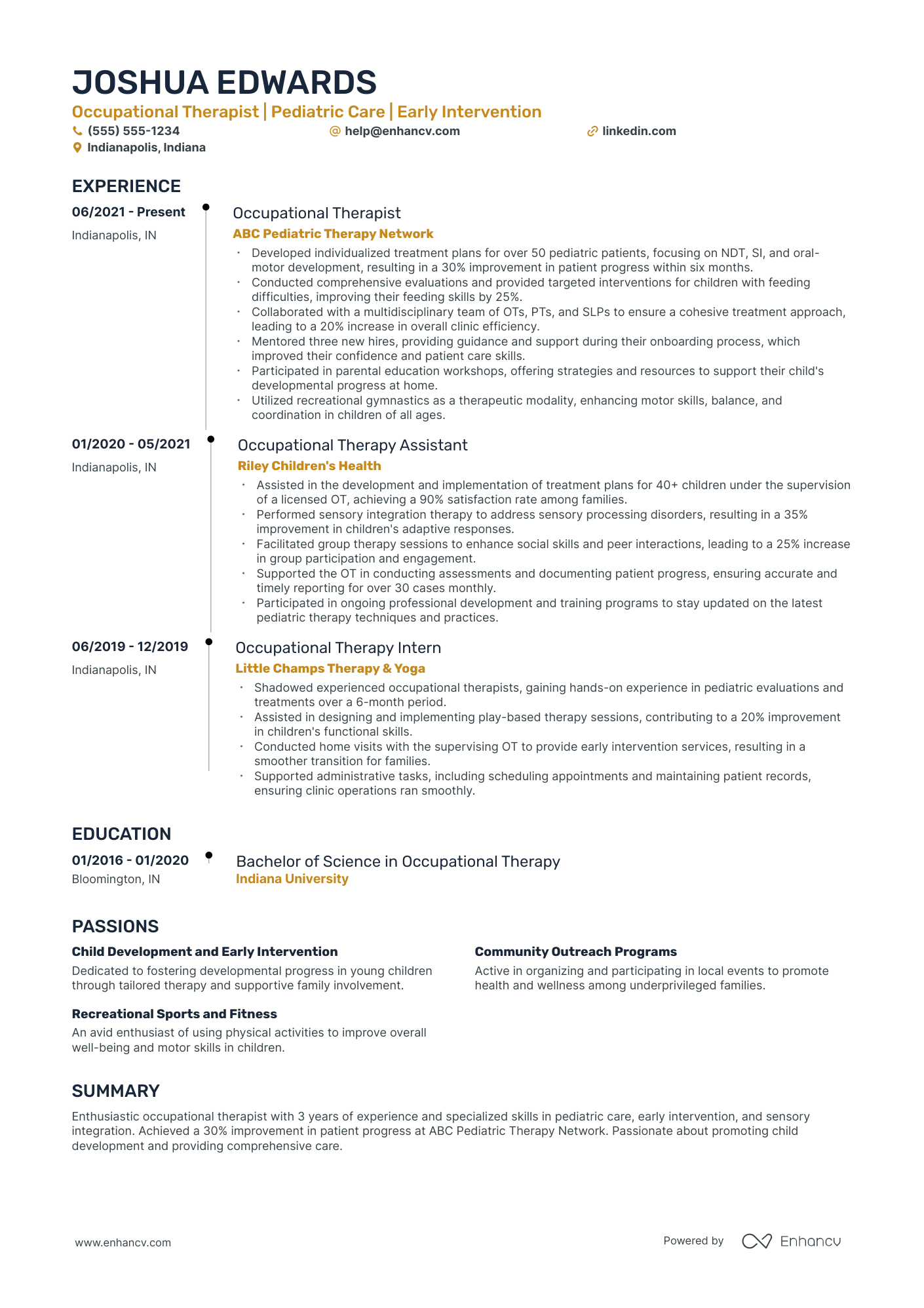 Pediatric Physiotherapist resume example