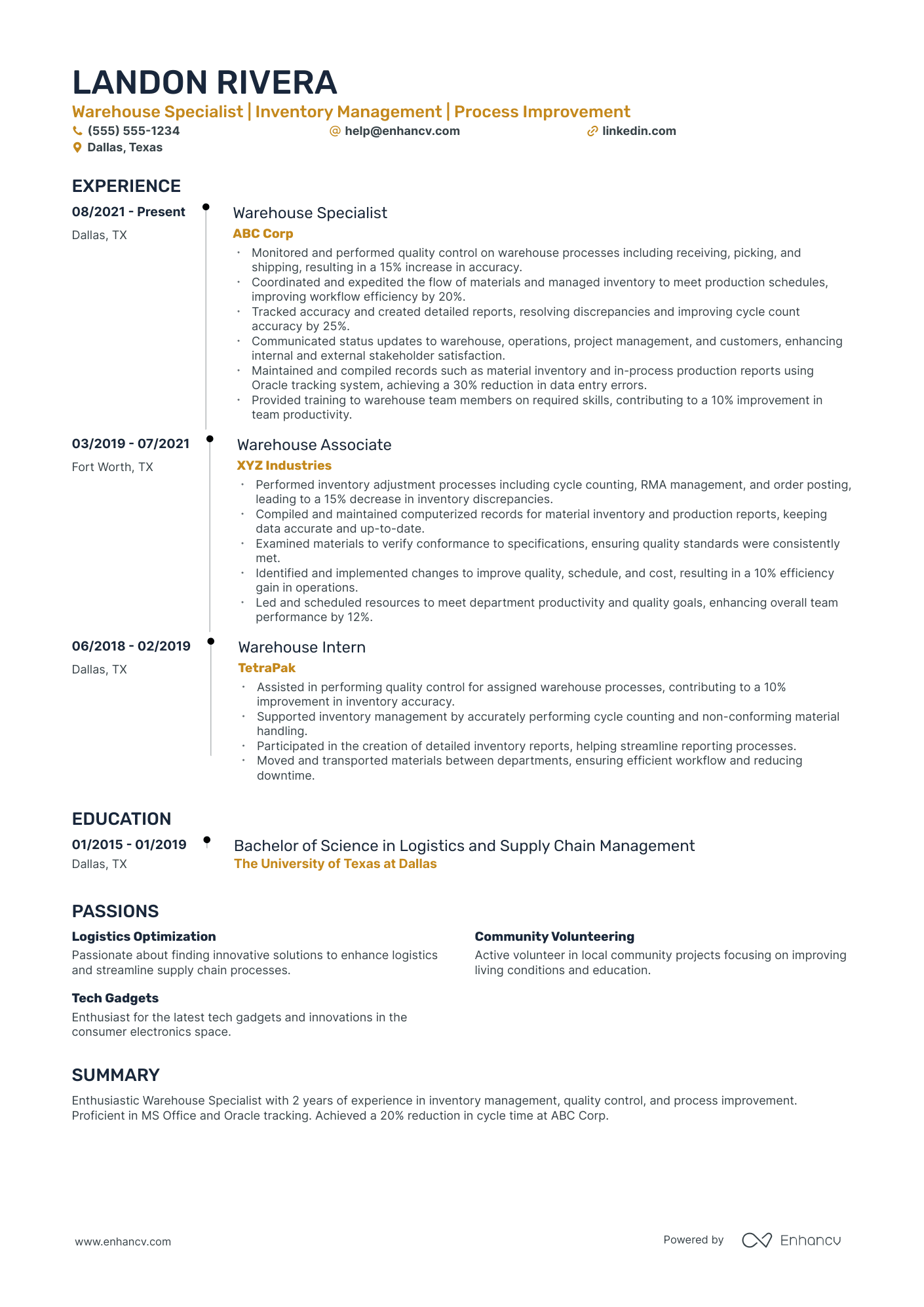 Lead Warehouse Associate resume example