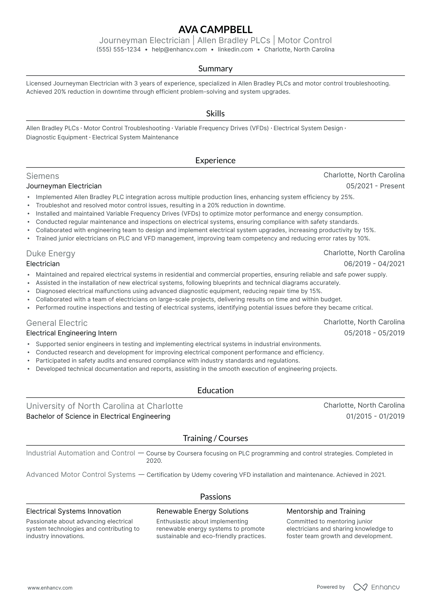 Control Electrician resume example