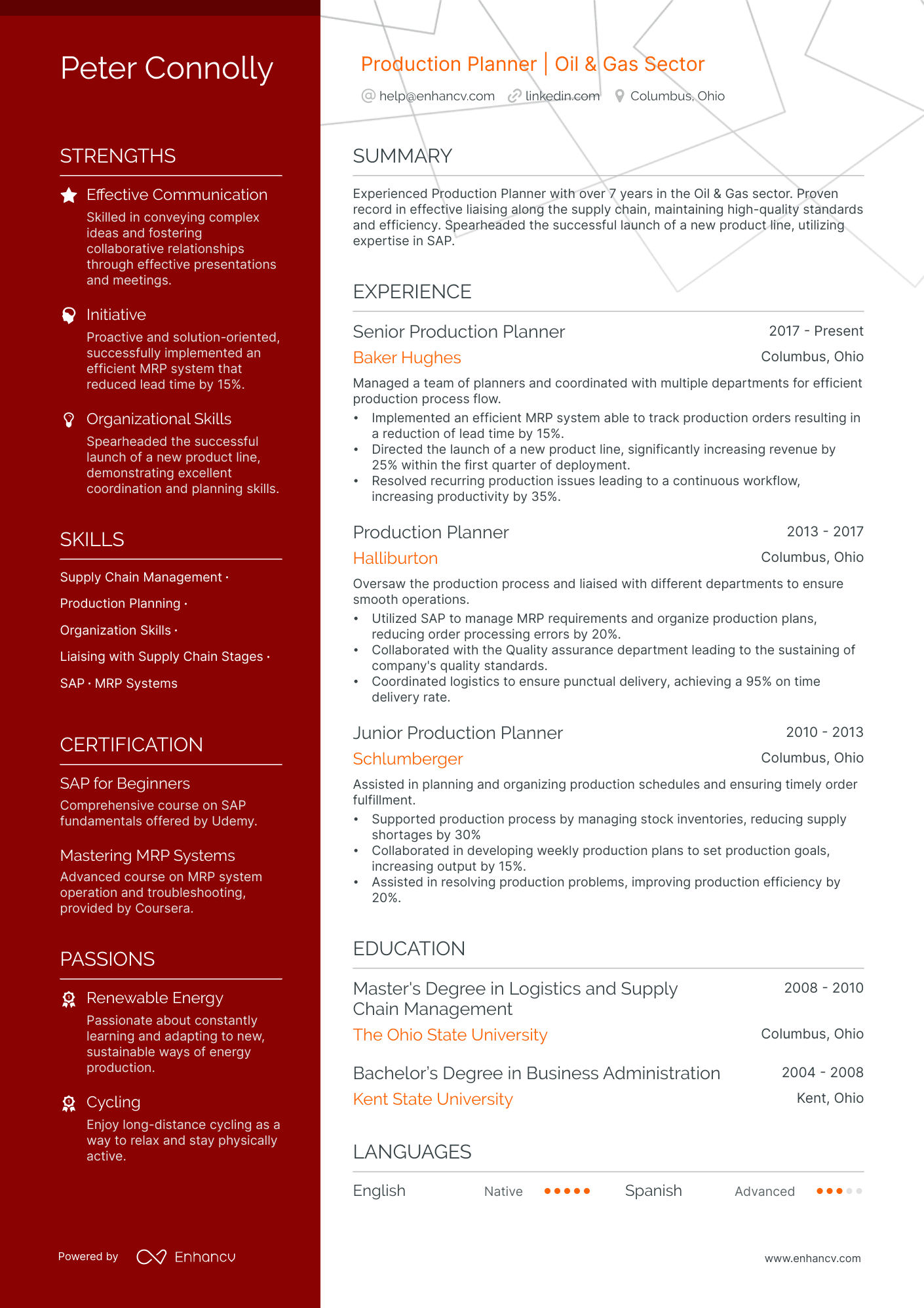 Production Planner resume example