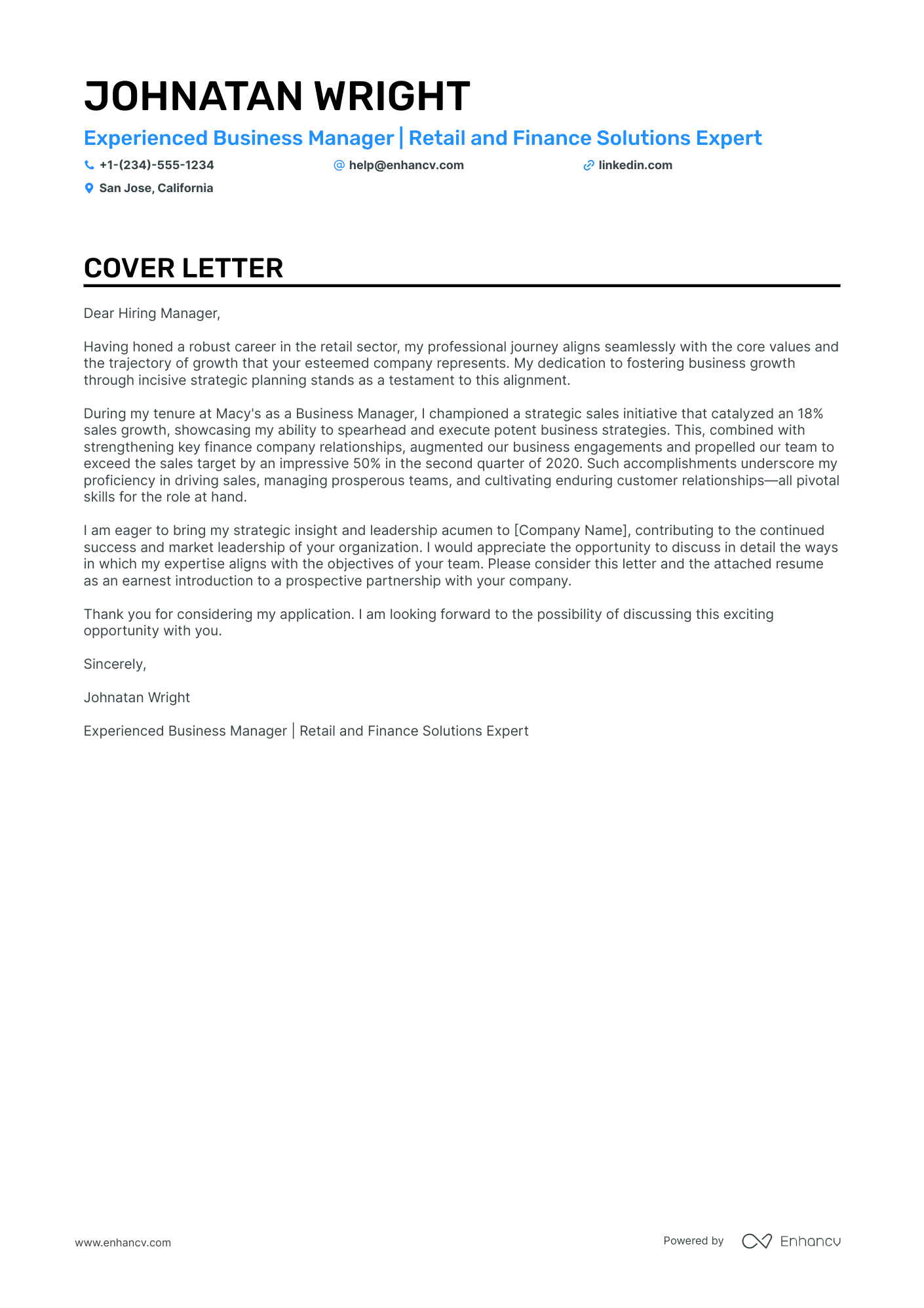 Business Manager cover letter