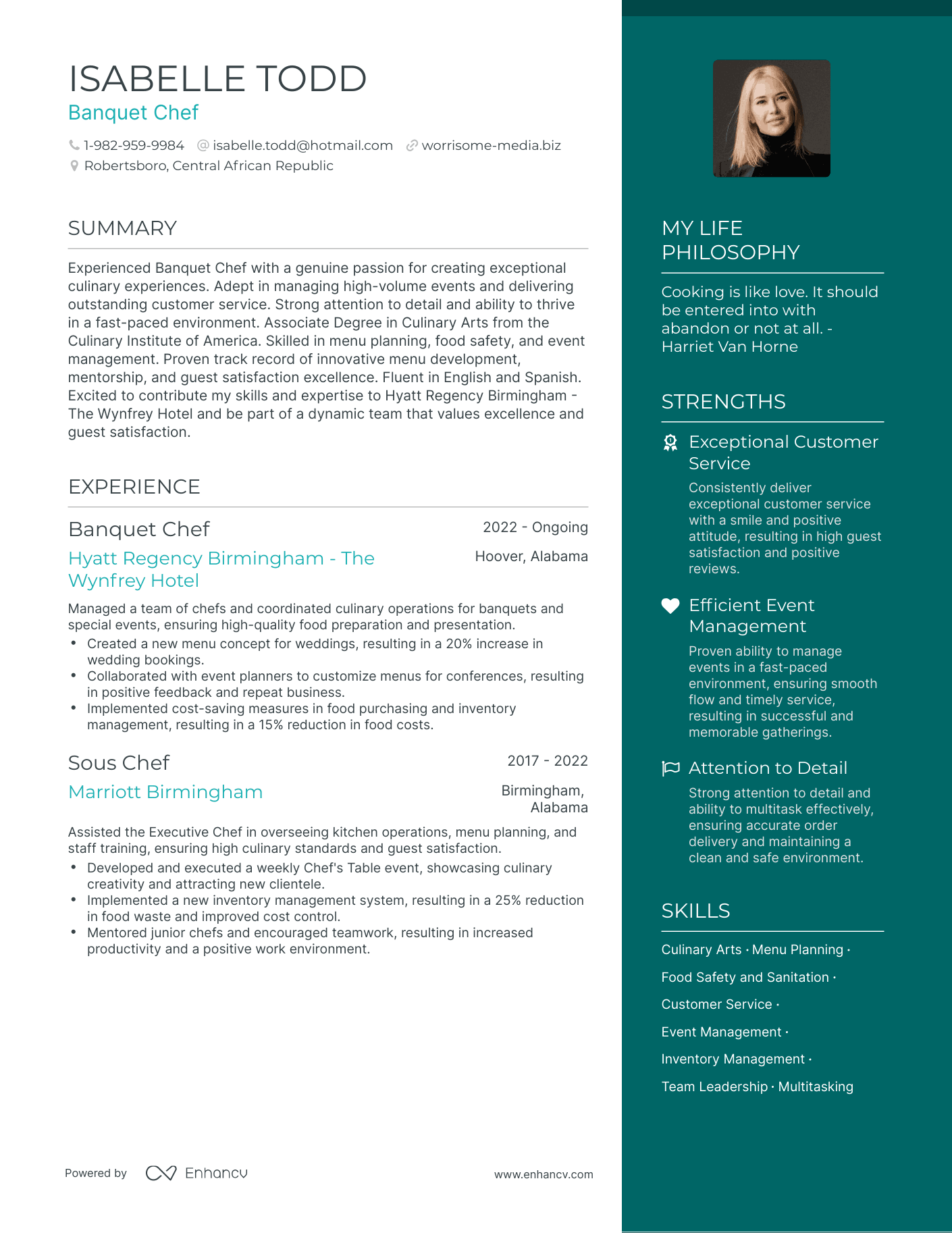 Banquet Chef resume example