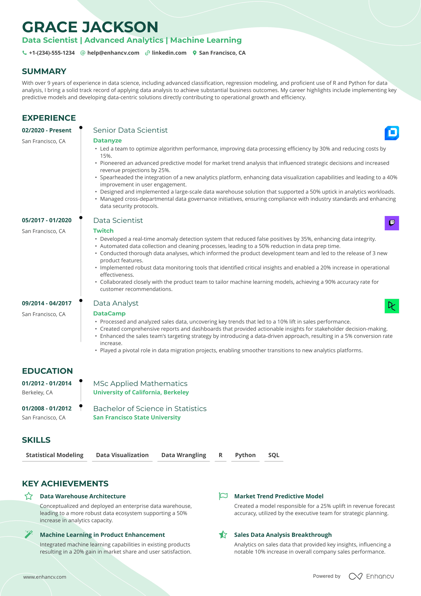 A single column timeline resume template with green accent colors.