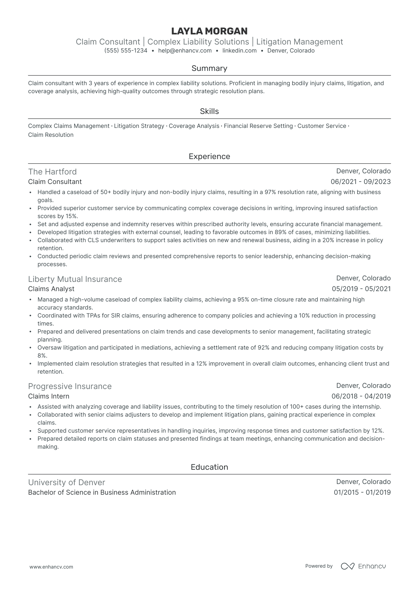 Insurance Claims Agent resume example