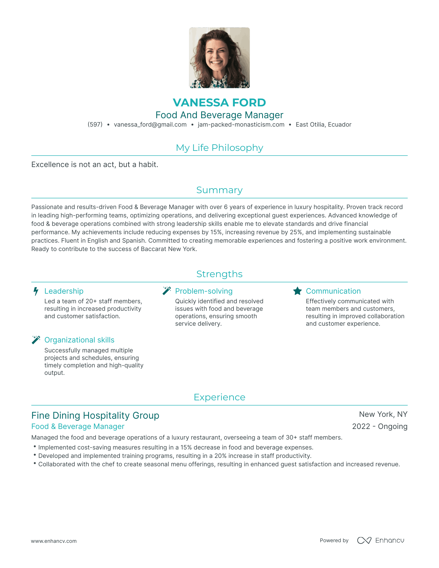 Modern Food And Beverage Manager Resume Example
