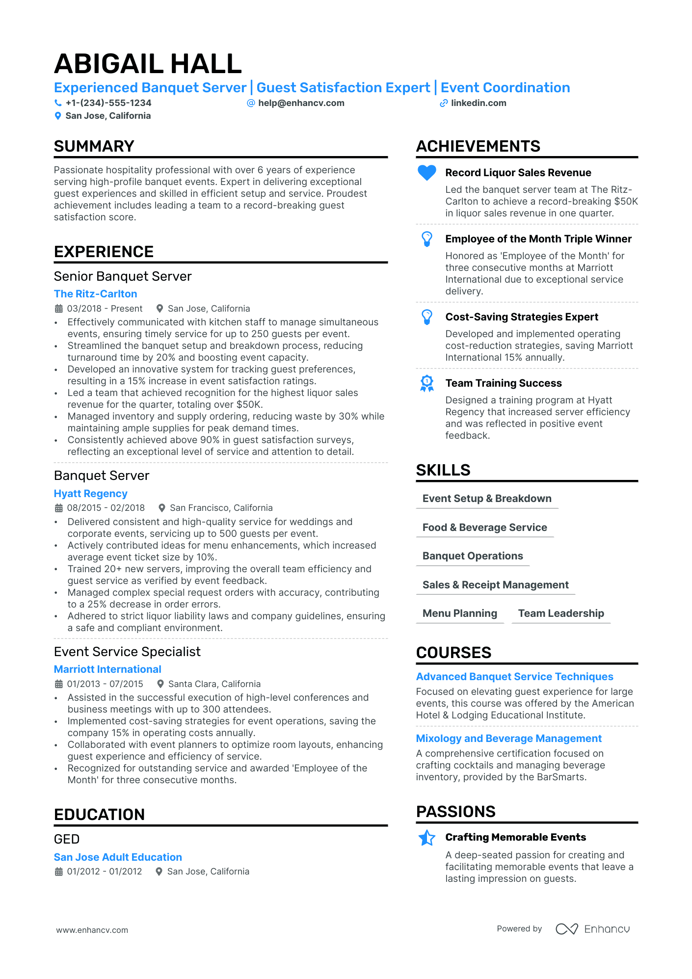 Banquet Server resume example