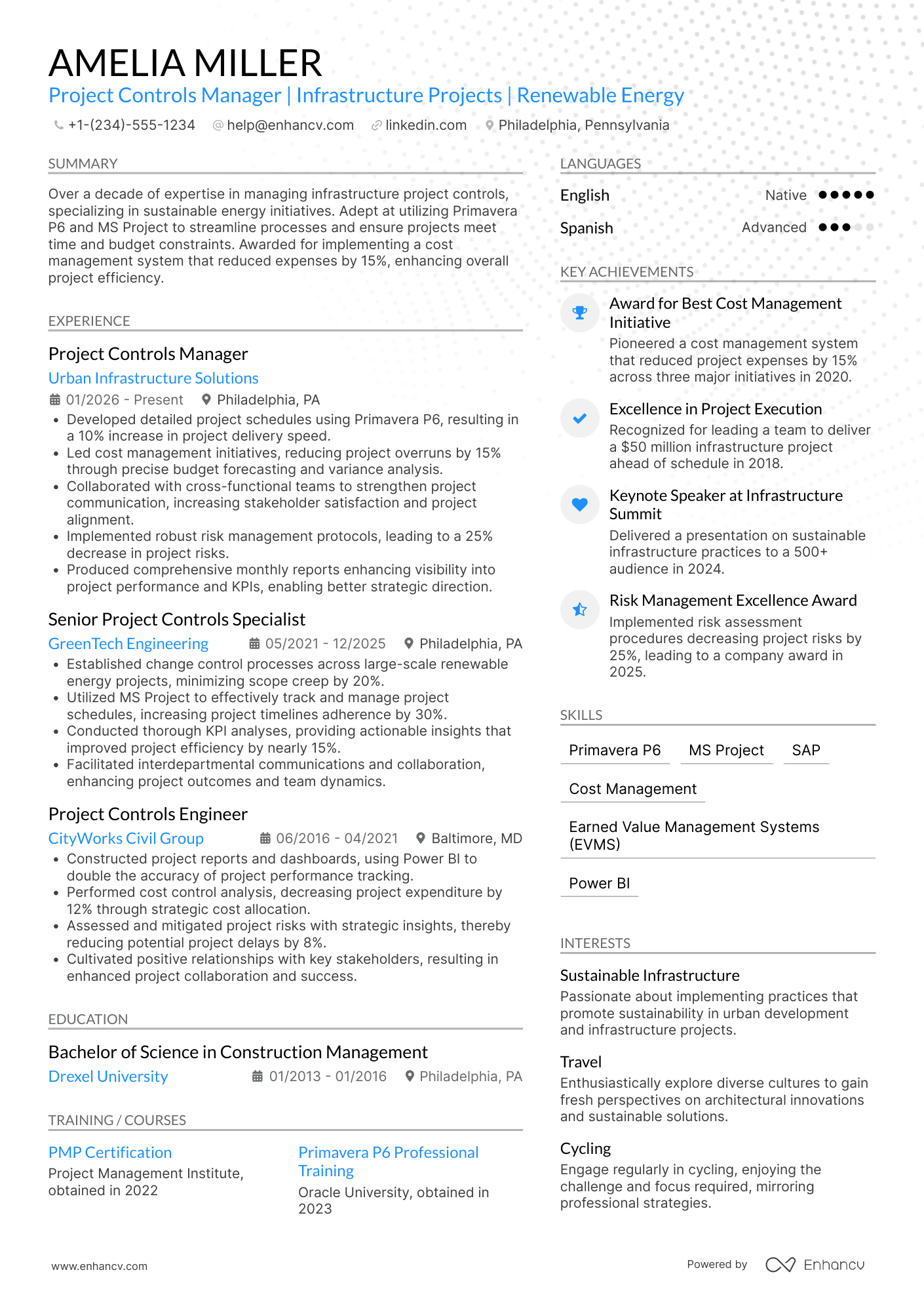 Project Controls Manager resume example