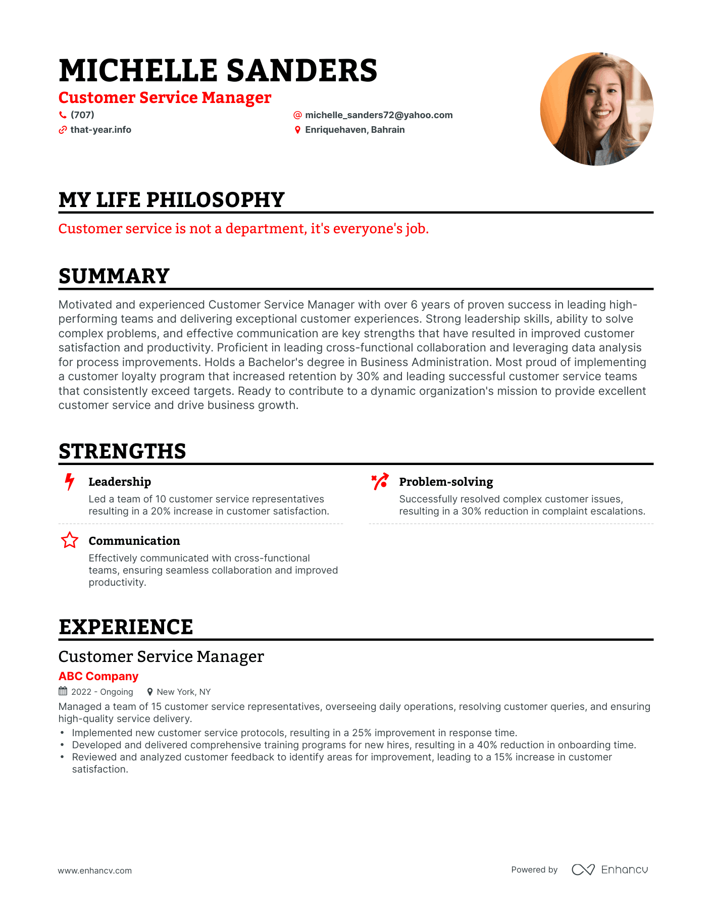 Creative Customer Service Manager Resume Example