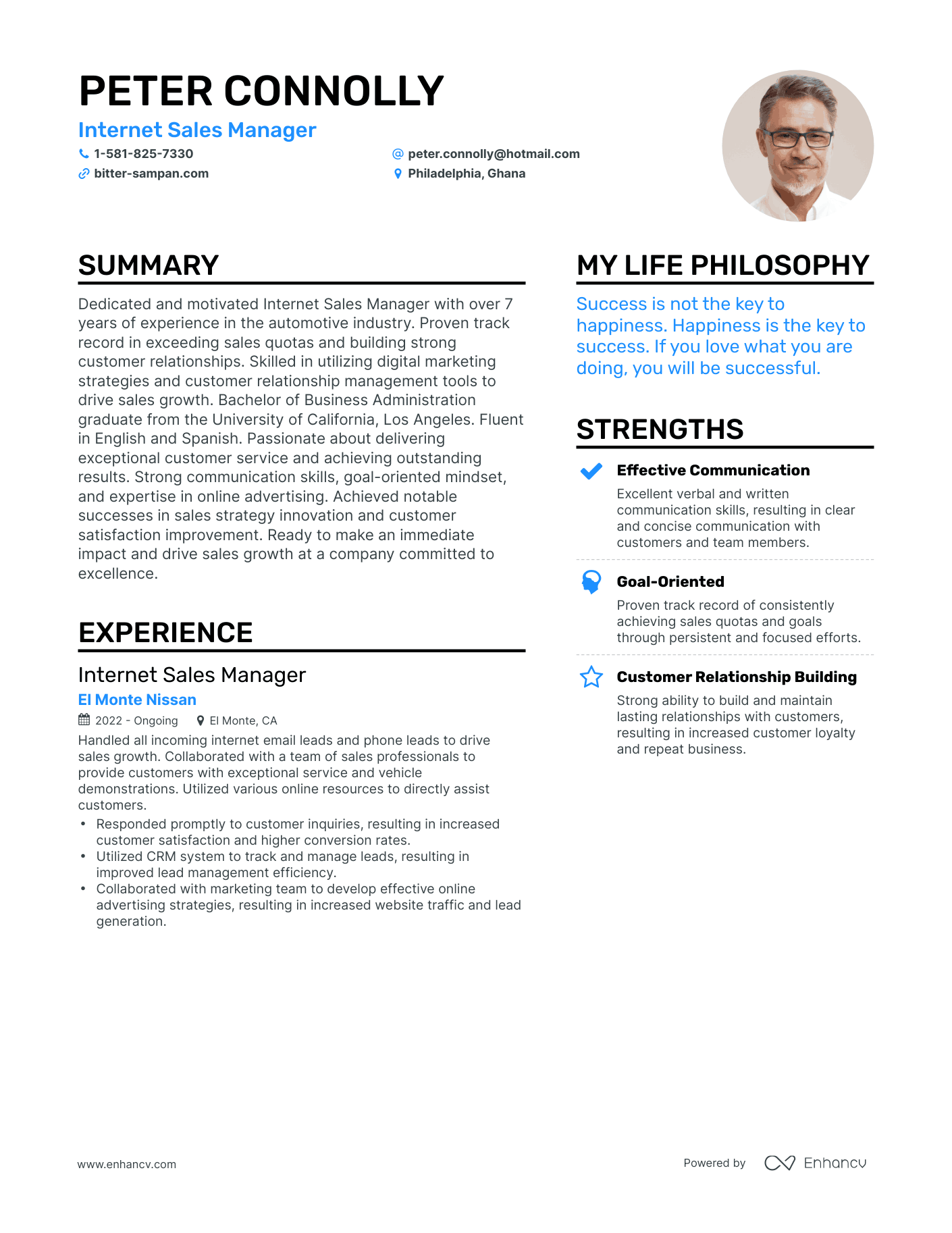 Internet Sales Manager resume example