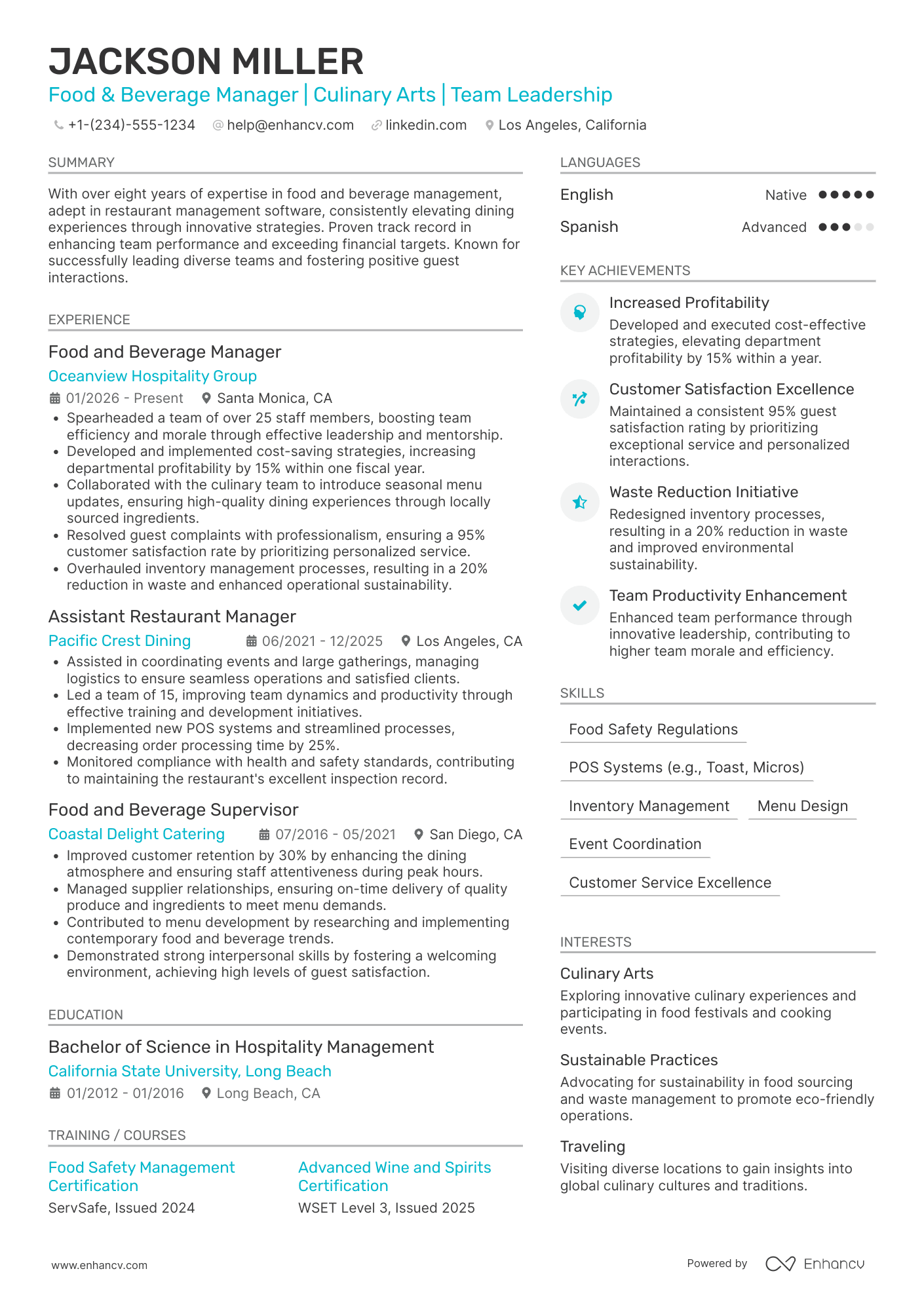 Food and Beverage Manager resume example