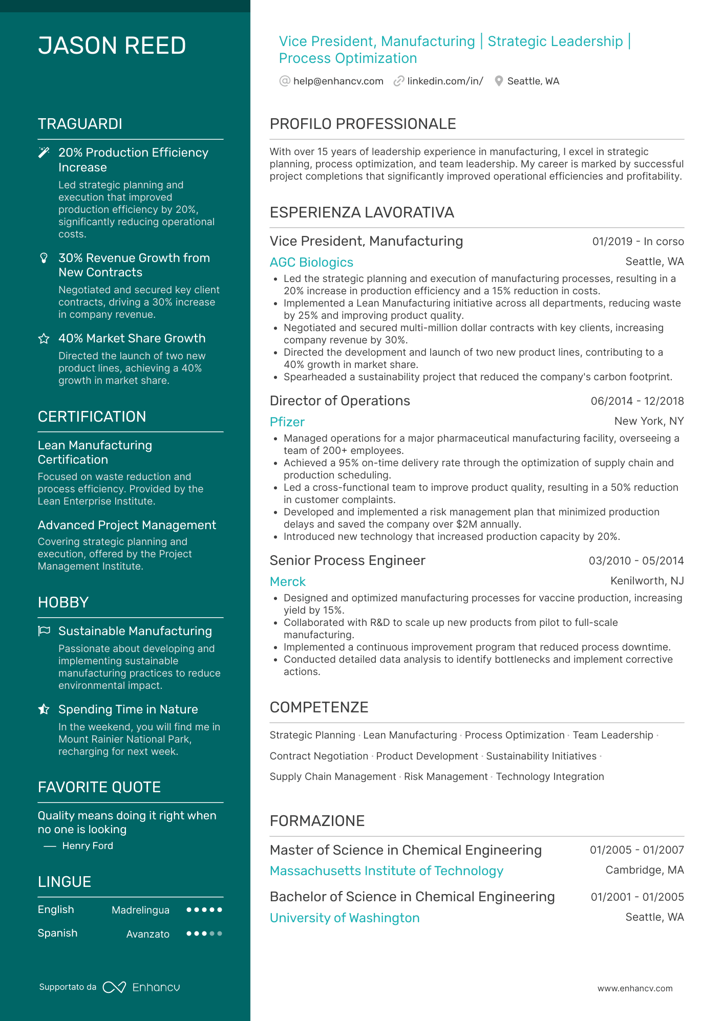 A polished template with a focus on key achievements and skills. Aqua colored left column for highlights.