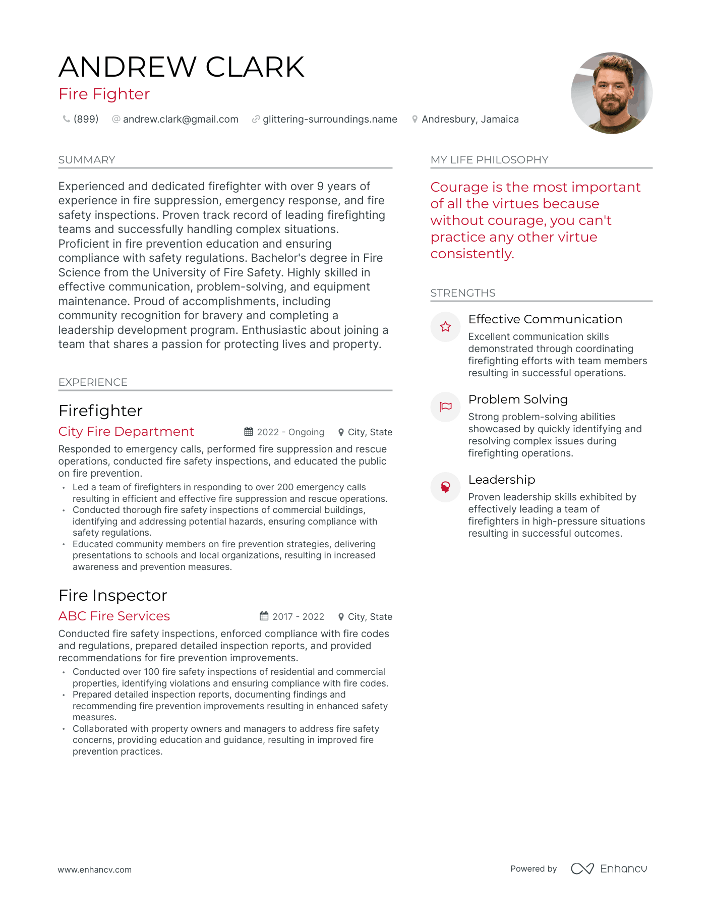 Fire Fighter resume example