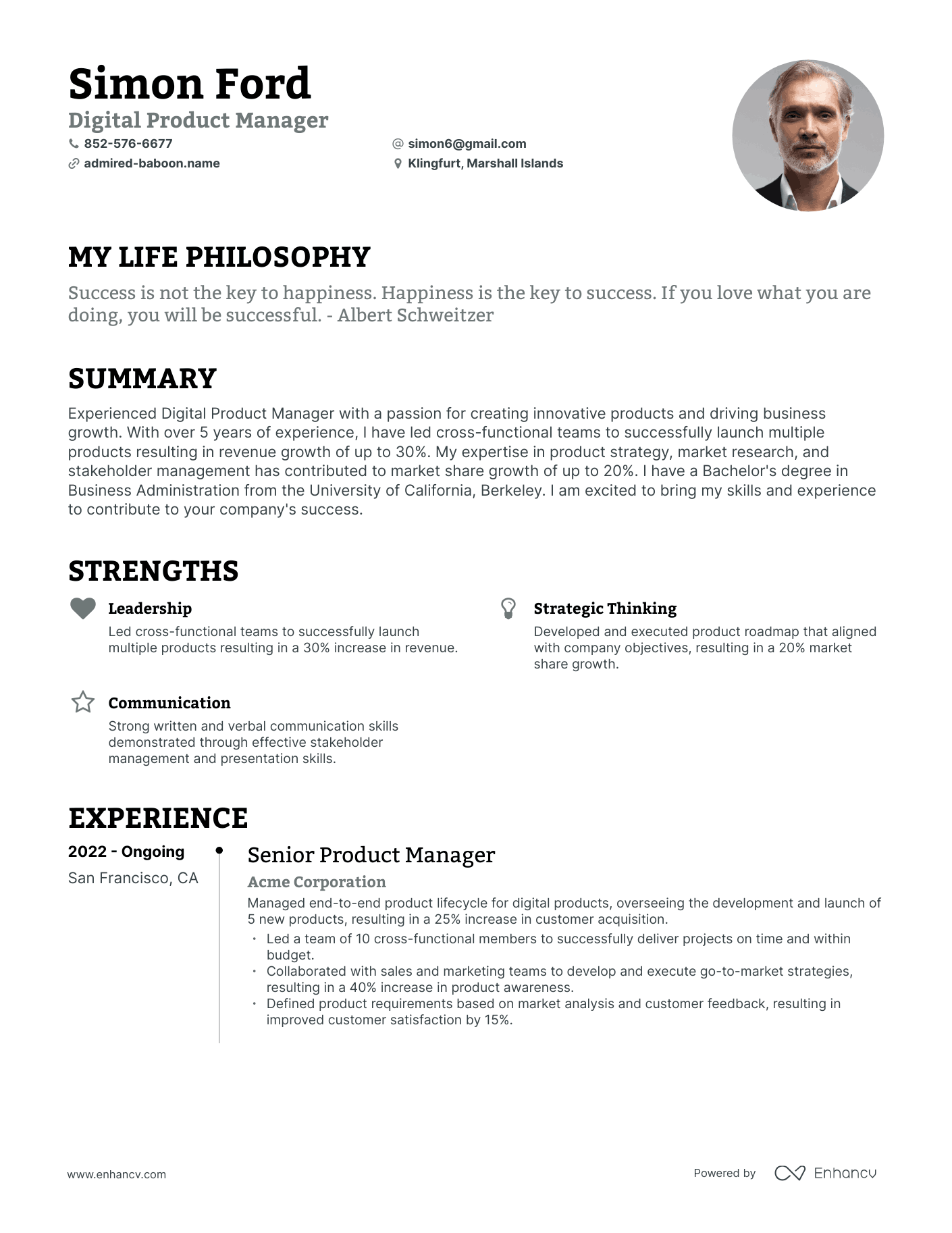 Creative Digital Product Manager Resume Example