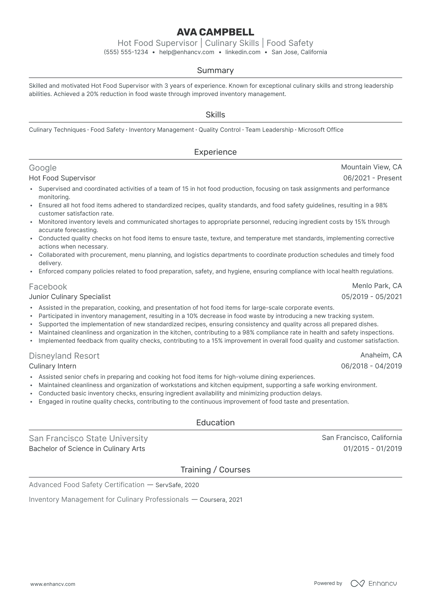 Catering Operations Supervisor resume example