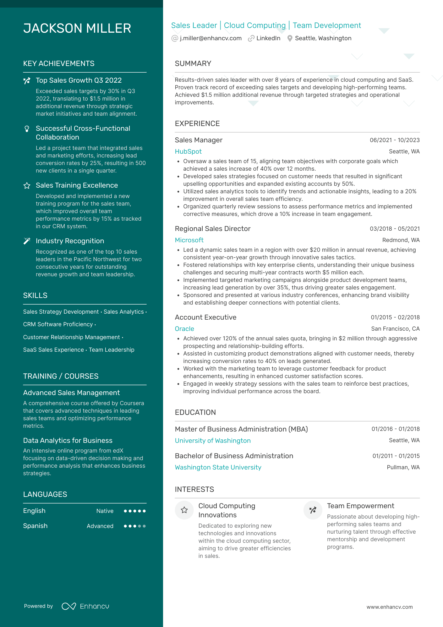 A polished template with a focus on key achievements and skills. Red/rust colored left column for highlights.
