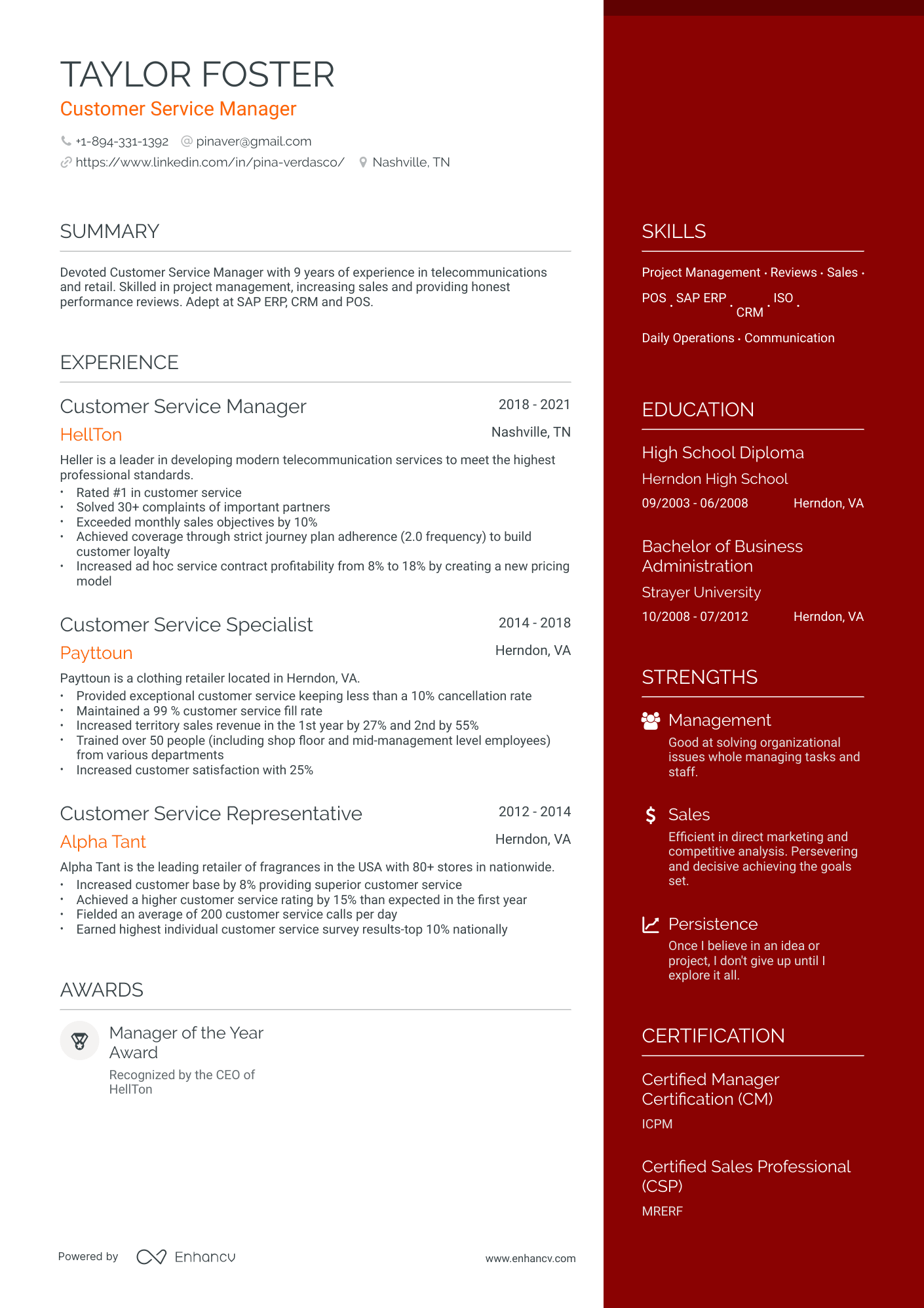 Customer Service resume example