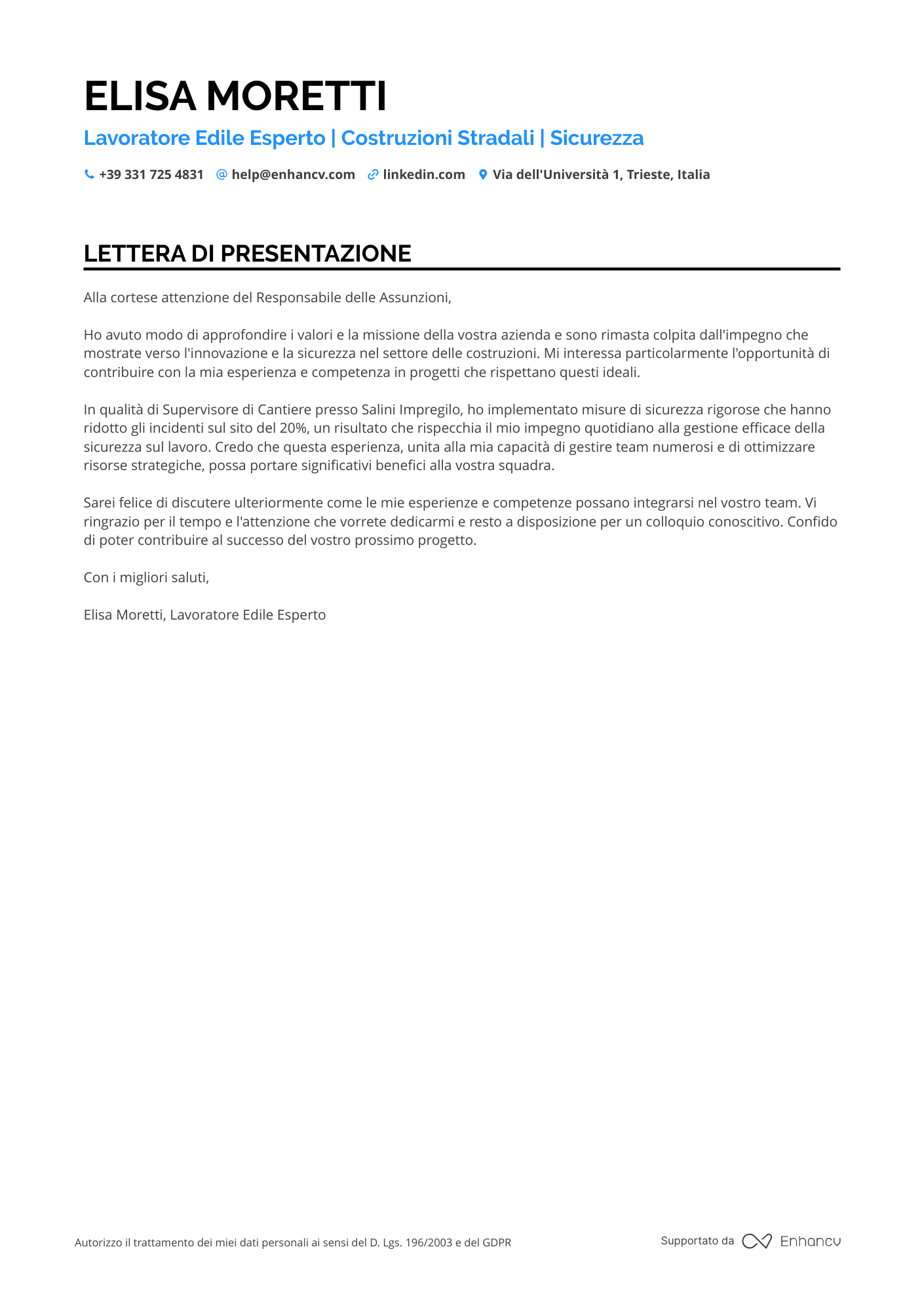 Operaio Edile Lettera di presentazione