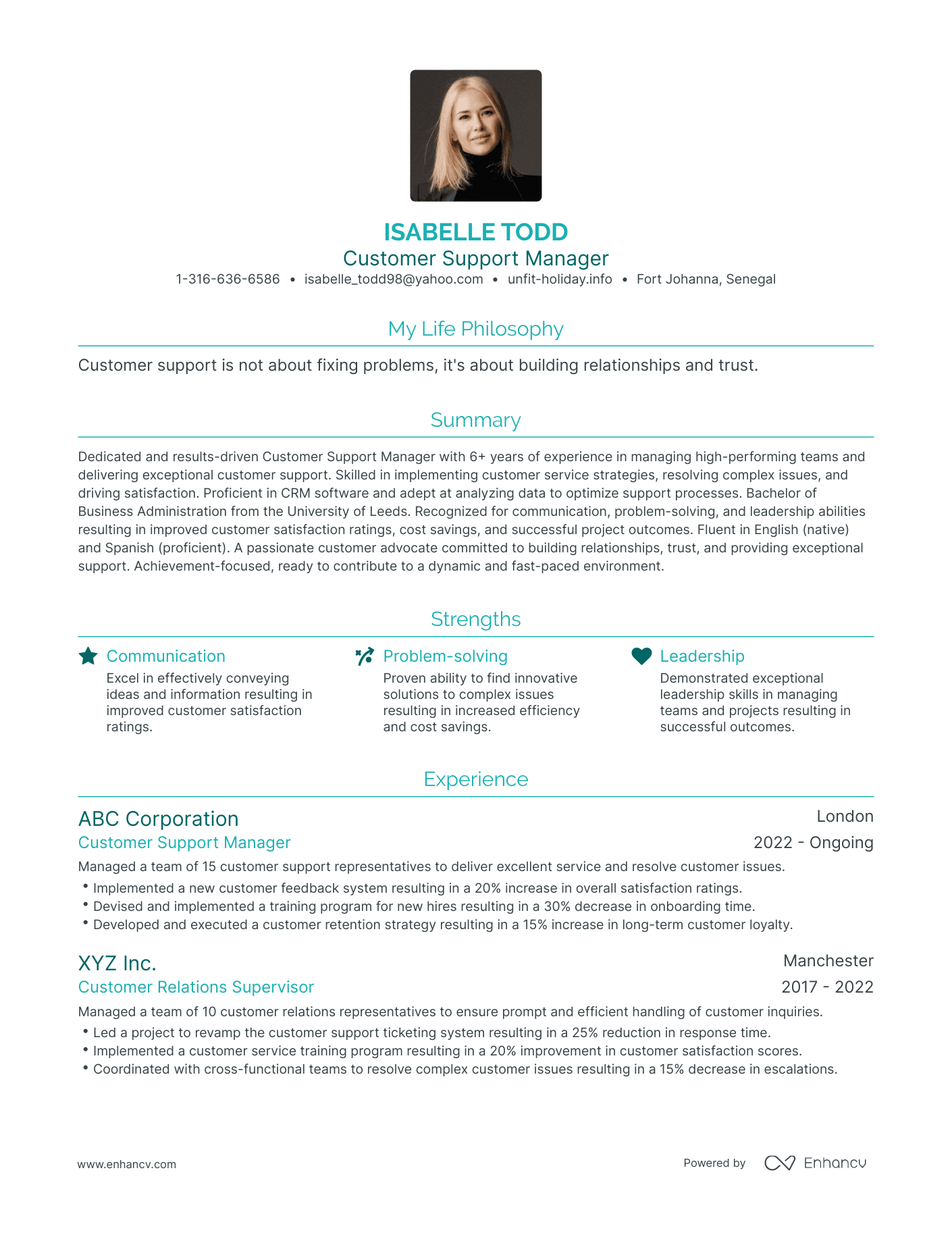 Modern Customer Support Manager Resume Example