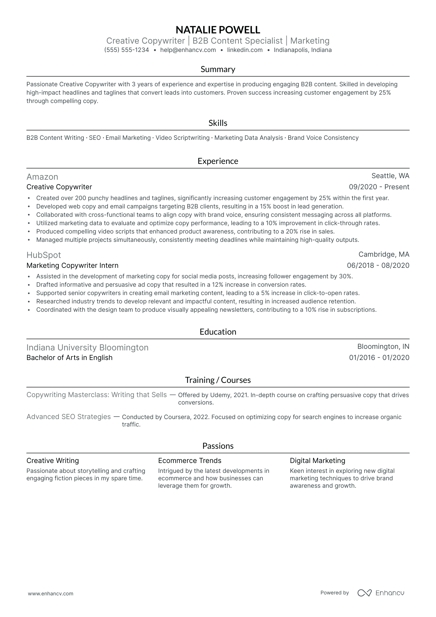 Creative Copywriter resume example