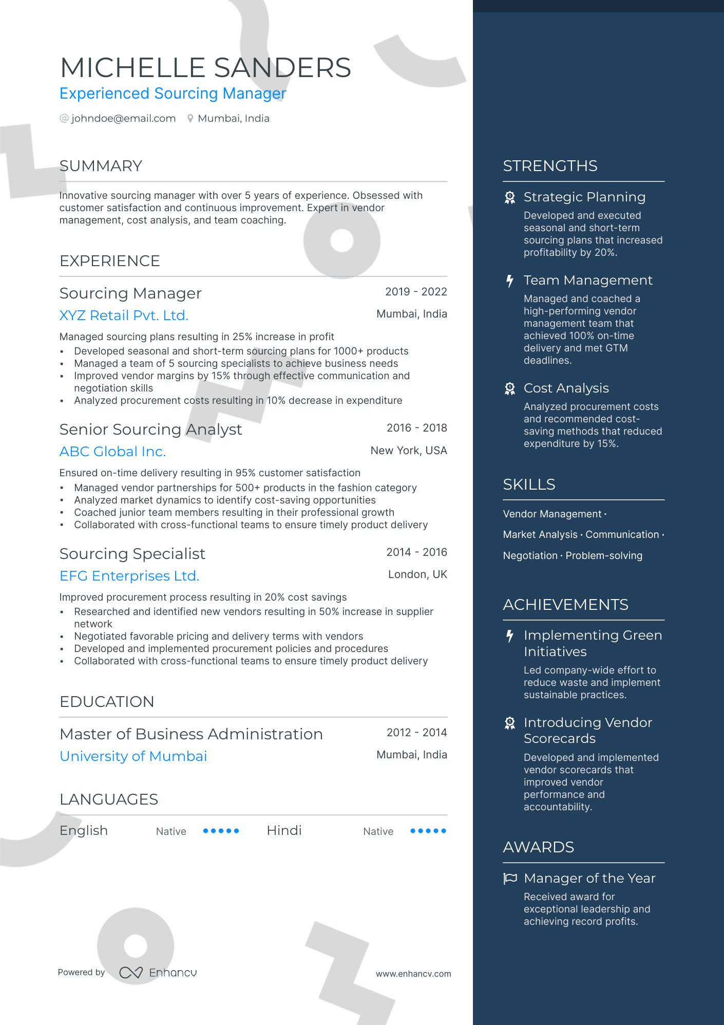 Sourcing Manager resume example