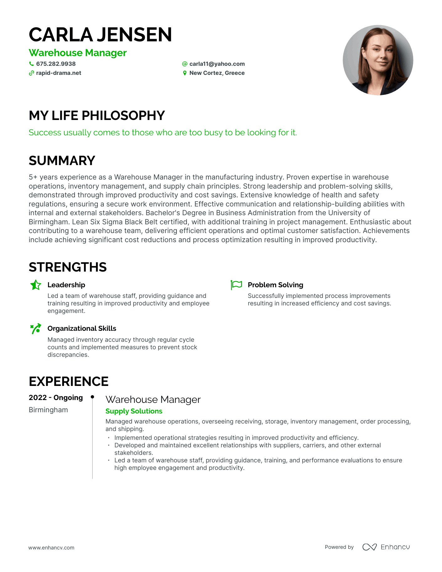 Creative Warehouse Manager Resume Example