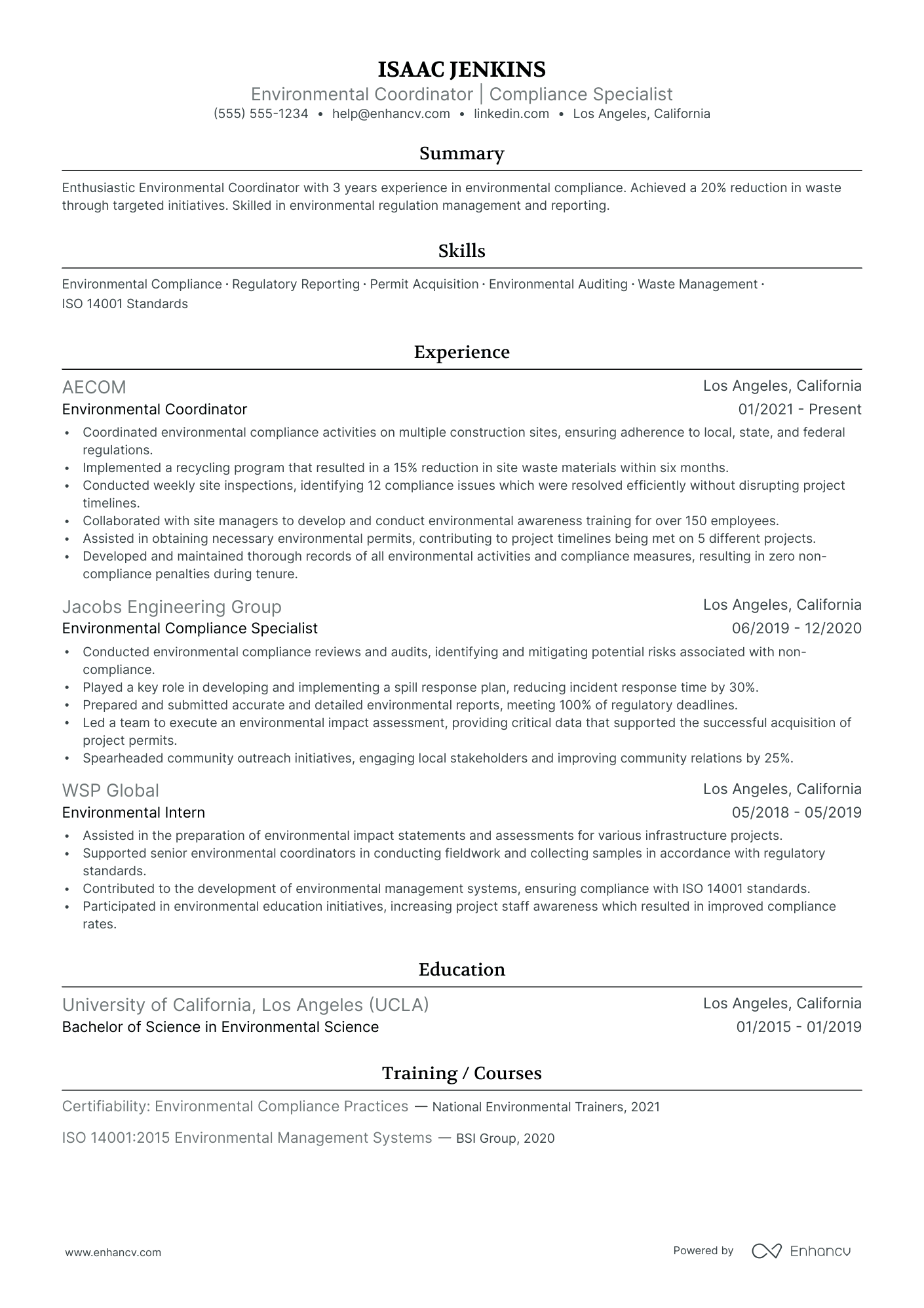 Environmental Project Coordinator resume example