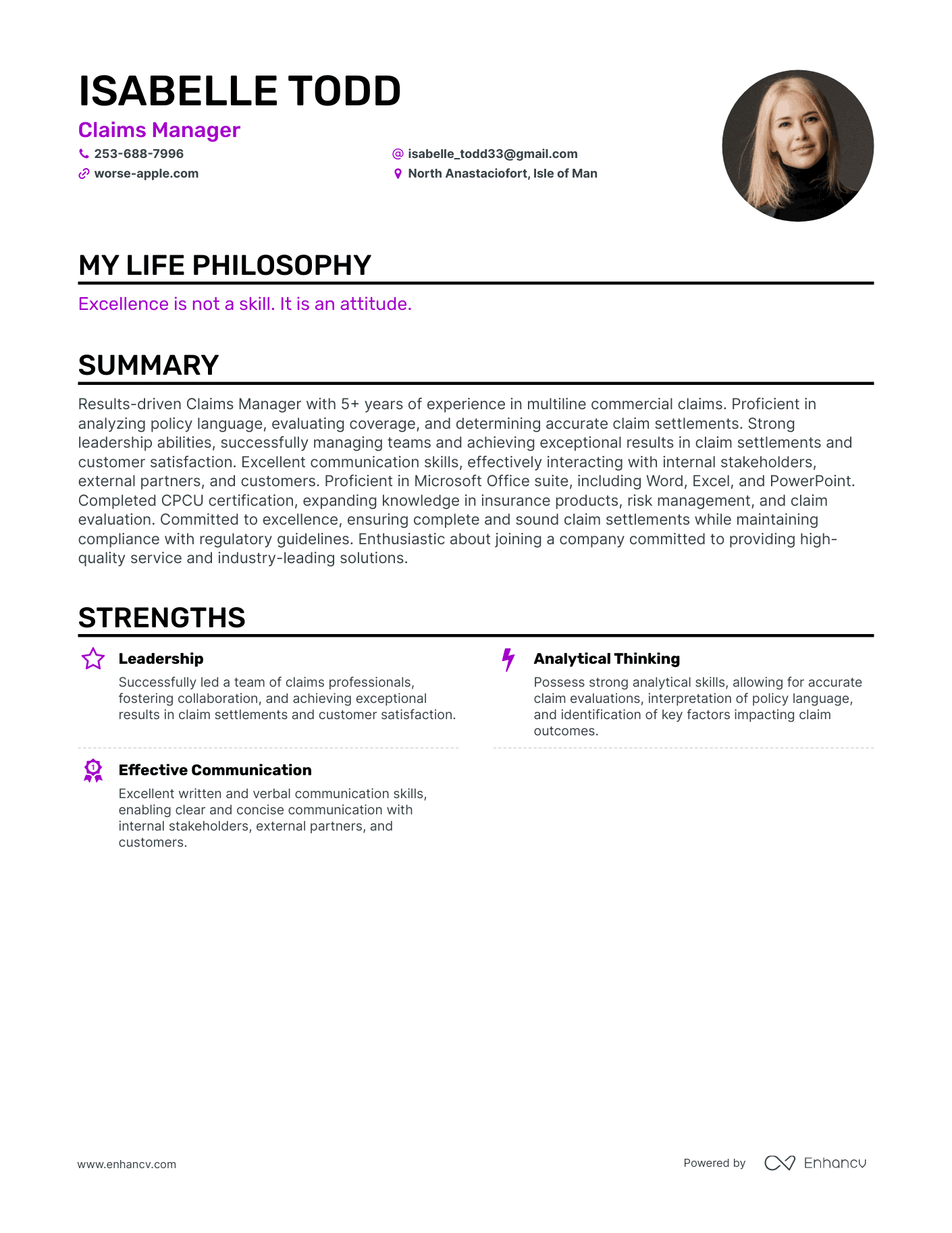Creative Claims Manager Resume Example