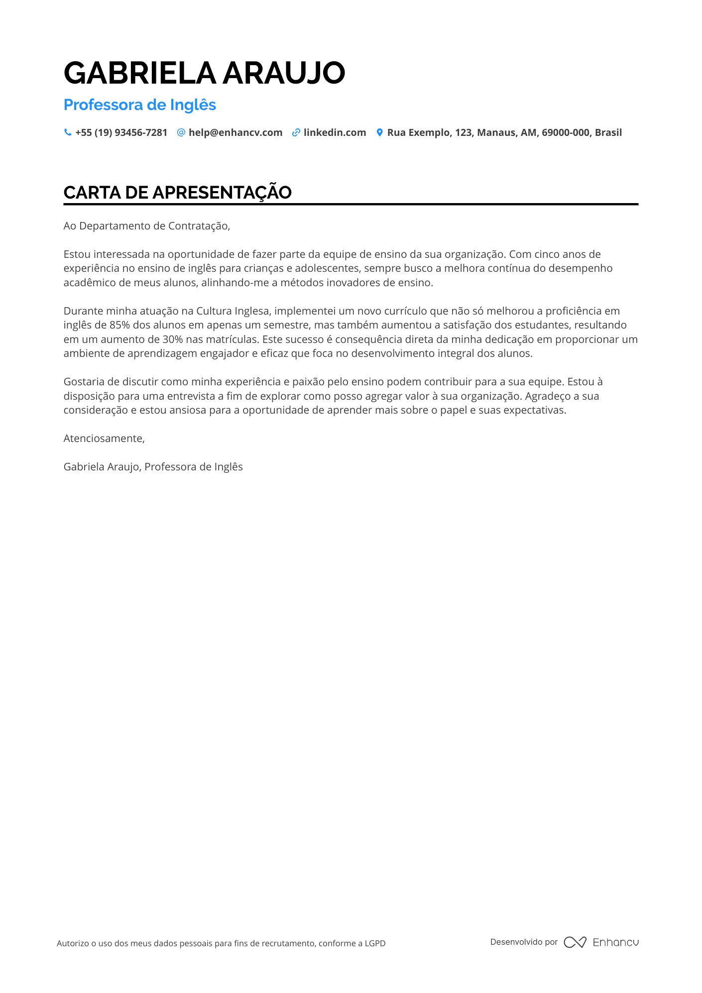 Professor de inglês Carta de apresentação