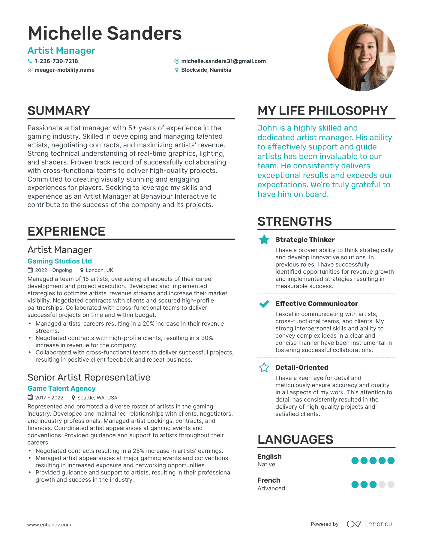 Artist Manager resume example