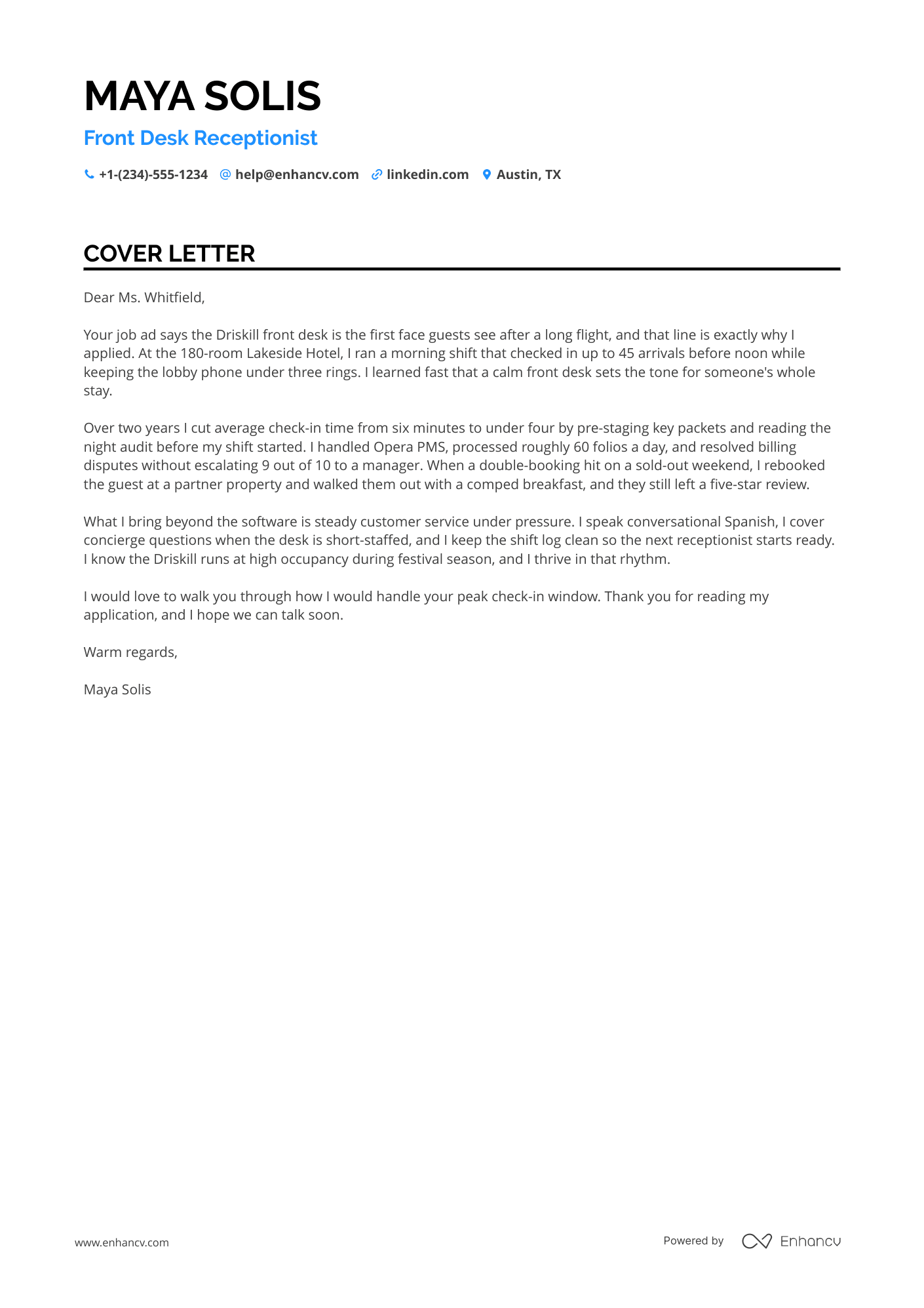 Front Desk Receptionist cover letter